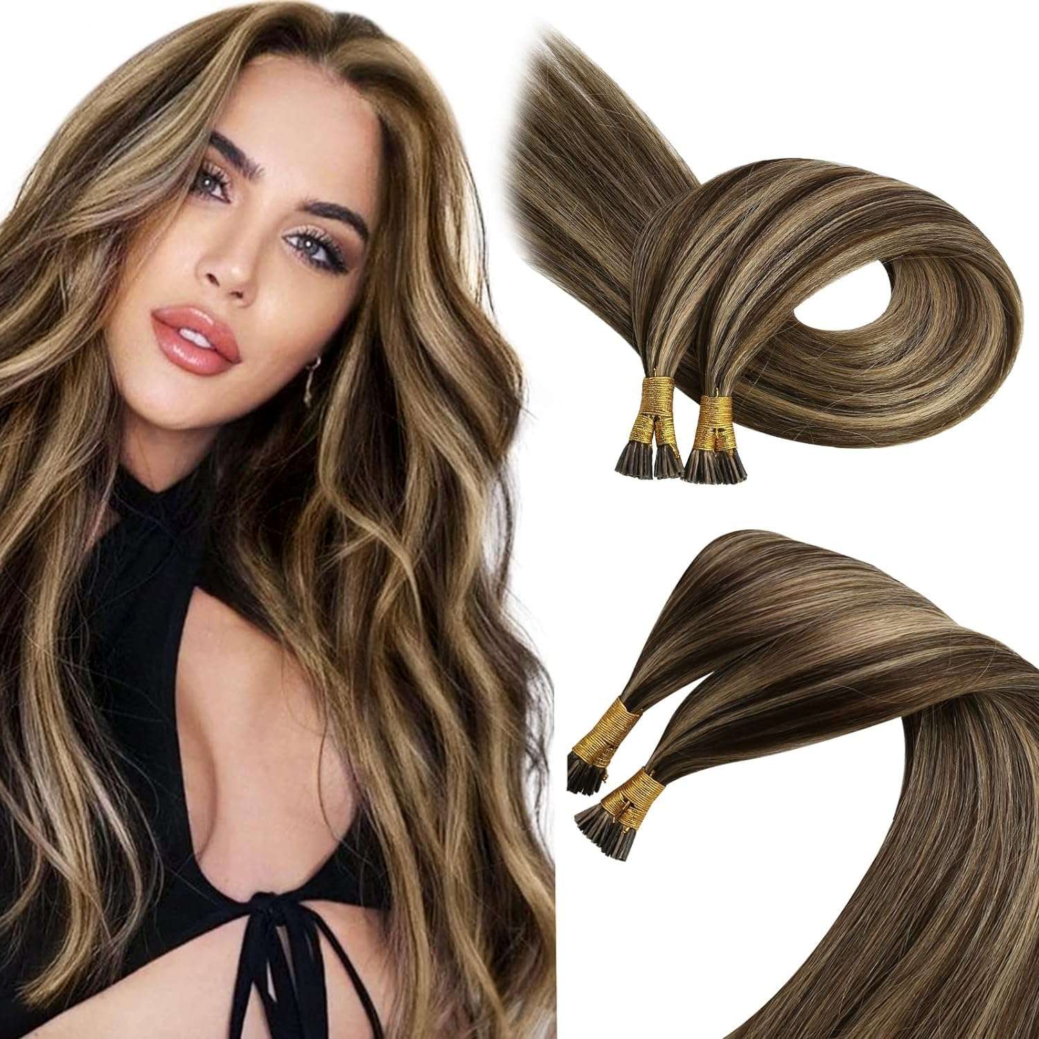 [Sunny & Ve Sunny]Sunny Itip Hair Extensions Dark Brown Highlight Caramel Blonde Bundle with Ve Sunny Ponytail Hair Extensions Same Color 14inch 1