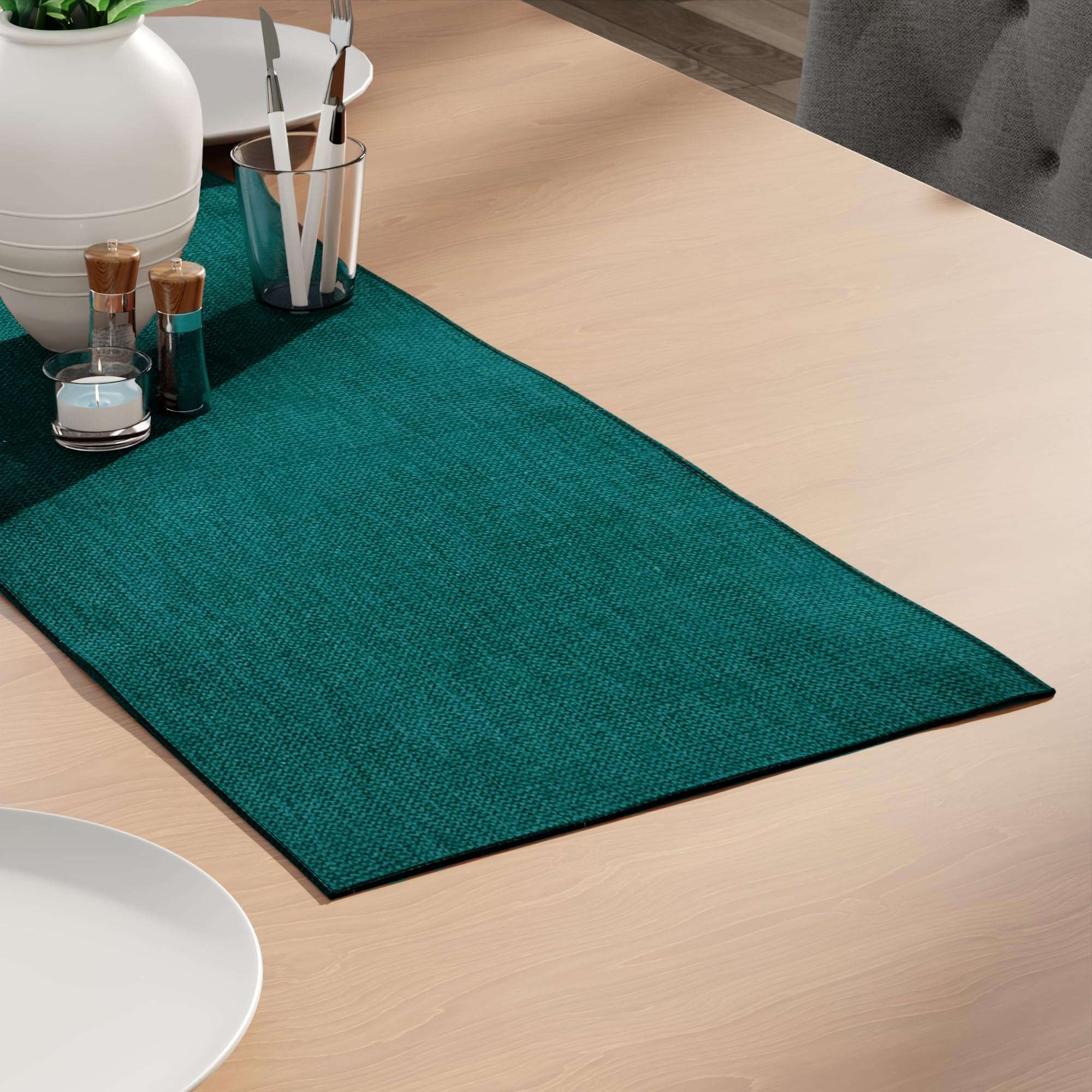 Encasa XO Dining Table Runner for 4 to 6 Seater | 32x91 cm | Sand | Chenille Fabric | Machine Washable