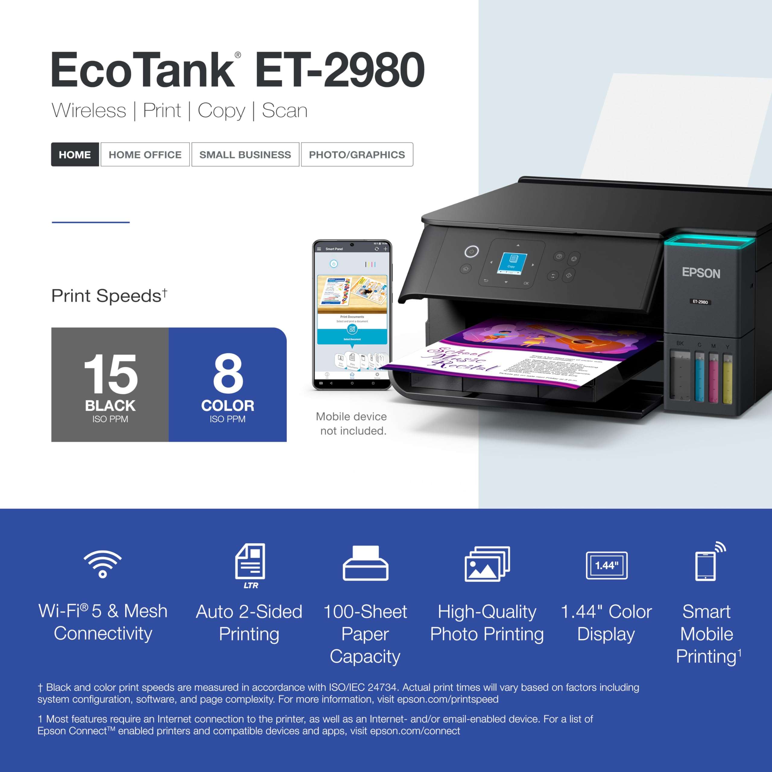 Epson EcoTank ET-2980 Wireless All-in-One Color Supertank Printer with up to 3 Years of Ink, Refillable Tanks, Perfect for Home, 15 PPM, 1.44" Color Screen, Auto 2-Sided Printing - Black 6