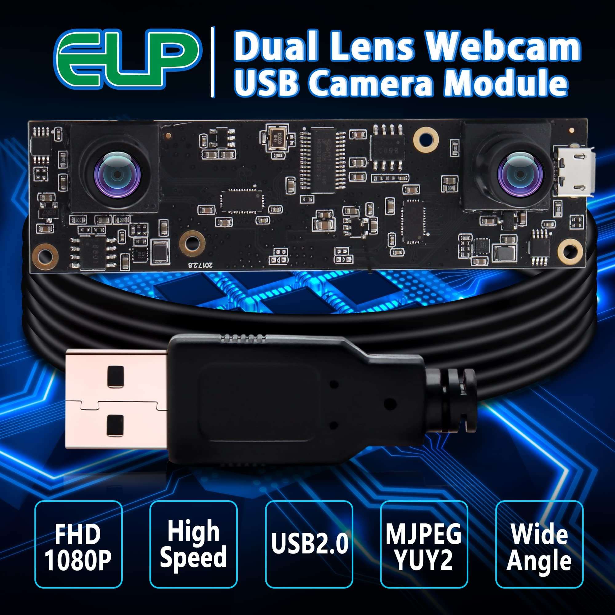 ELP 1080P Dual Lens USB Camera Module 3D Stereo PC Camera for Computer Mini UVC USB2.0 Webcam Board M9 90Degree Lightburn Camera AR0330 Binocular Camera Video Industrial USB Surveillance Camera 3