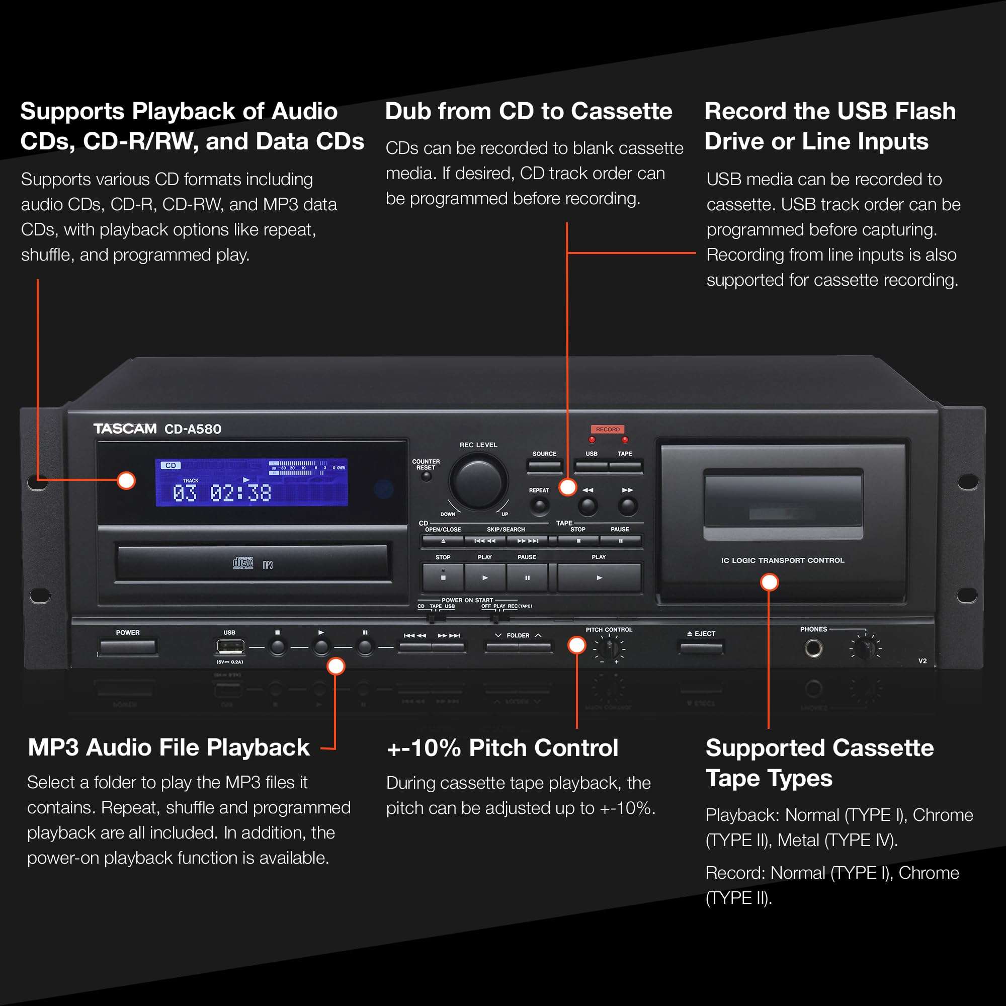 Tascam CD-A580 Rackmount Cassette/CD/USB MP3 Player Recorder Combo 3
