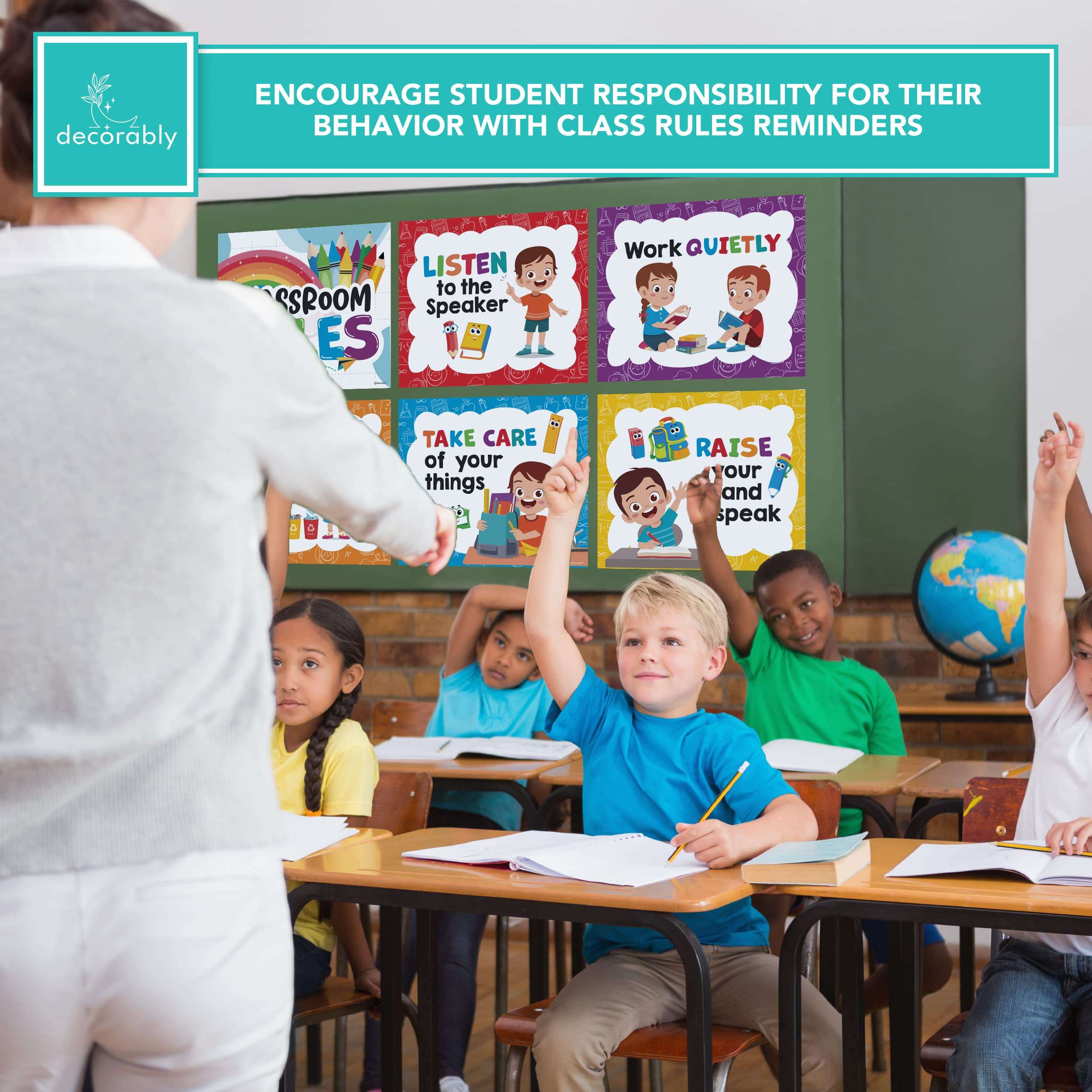 Decorably 12 Hanging Colorful Classroom Rules Poster Set with Accompanying Ribbon, 12x10in Matte-Laminated Inspirational Classroom Rules Elementary Posters 6