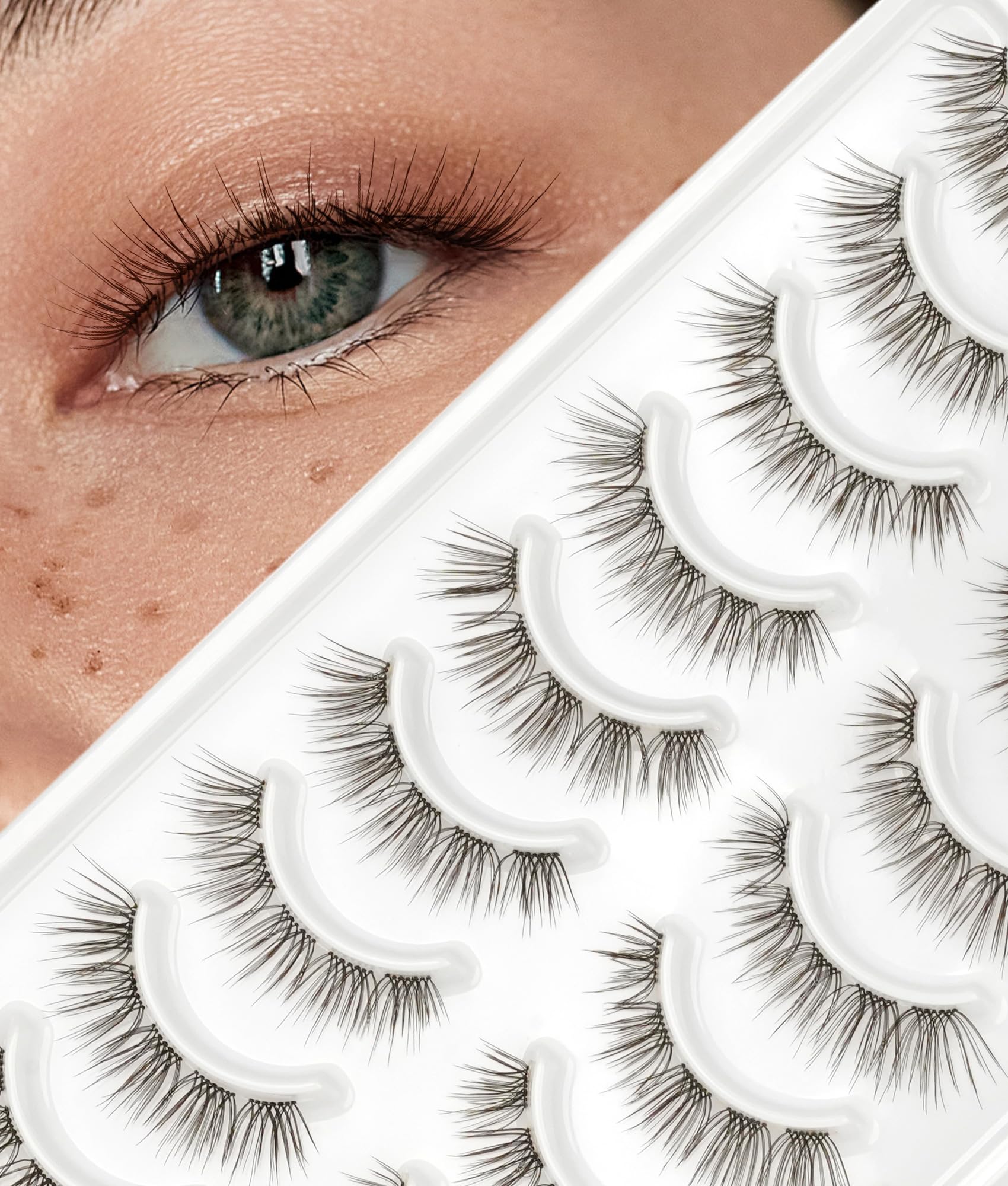 MERETON False Eyelashes Natural Look 10 Pairs False Lashes Strip Natural lashes Invisible Clear Thin Band Lightweight Fluffy Wispy Spiky 3D Volume Eye Lashes 7-10mm