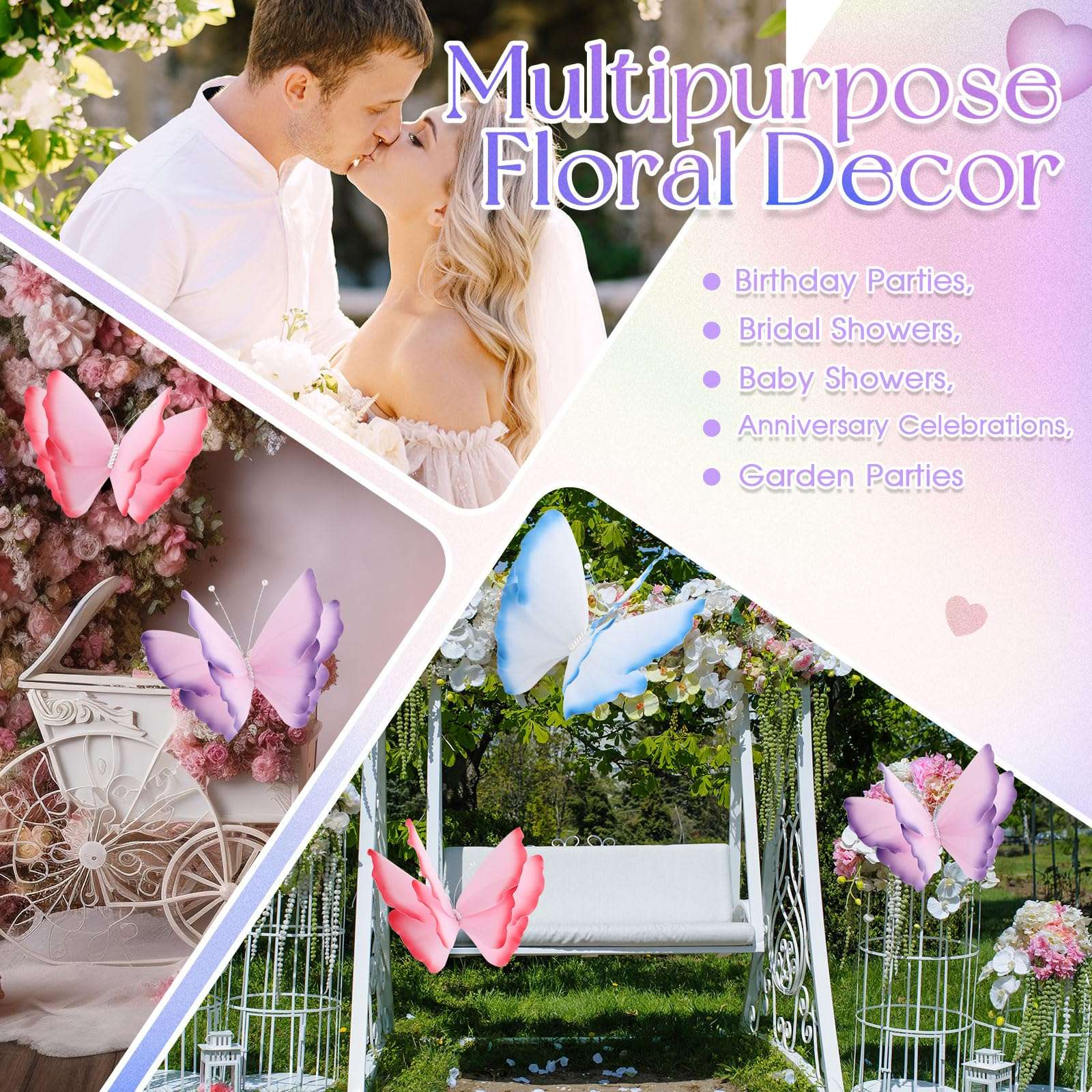 Havawish 3 Pcs Giant Butterfly Decoration Artificial 3D Large Butterflies Prop for Wedding Reception Birthday Garden Banquet Ceremony Church Pink Purple Blue 4