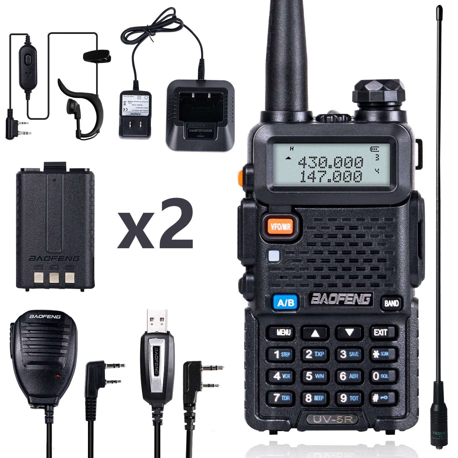 2 Pack BAOFENG UV-5R 8 Watt Ham Radio Handheld Long Range Two Way Radio with USB Charging & Long Antenna,Dual Band Ham Radio Baofeng Walkie Talkie 1