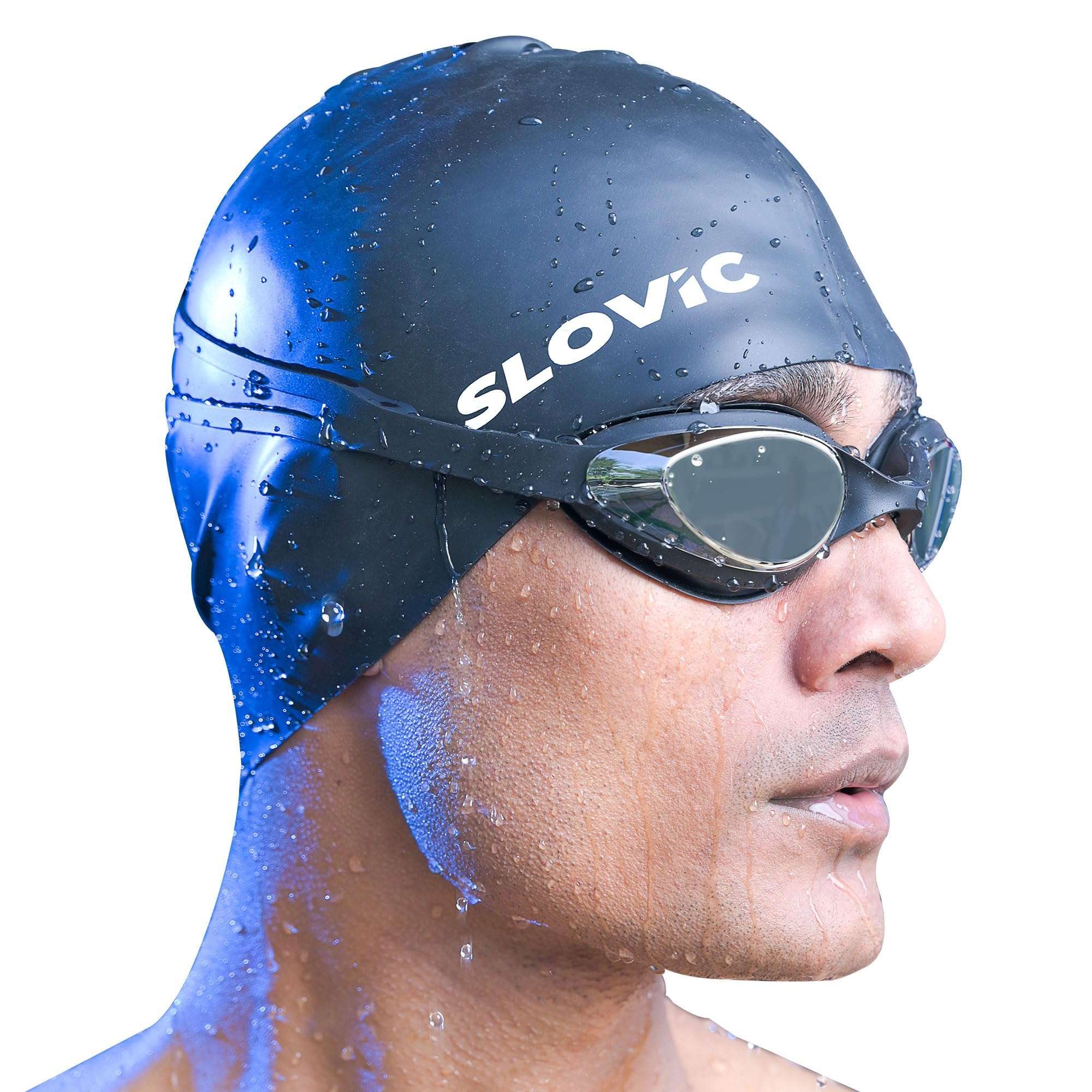 SLOVIC Swimming Kit | Swimming Goggles & Swimming Cap with Ear Plug, Nose Clip | Stylish Pool Cap for Long Hair | UV Protection | Anti Fog | Free Size Swim Cap | Black Combo 1