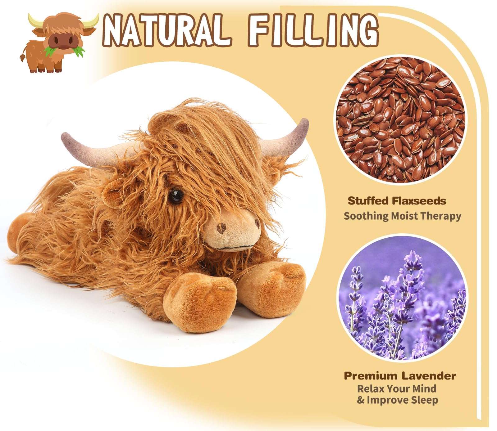 Highland Cow Stuffed Animals, Microwavable Stuffed Animals Heating Pad for Cramps, Pain Stress Relief, Heatable & Coolable Lavender Scented Cow Plush Toy for Anxiety, Women Kid Bedtime Highland Cattle 4