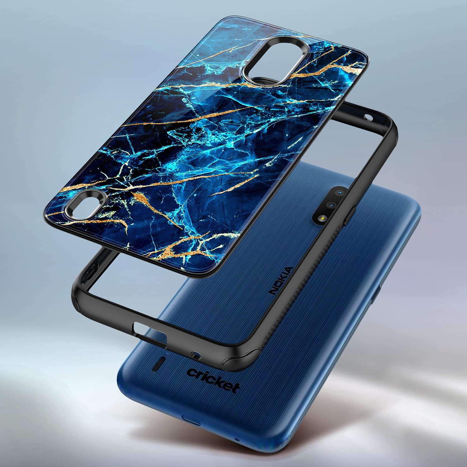 NZND Case for Nokia C2 Tava/Nokia C2 Tennen (Cricket Wireless) with Tempered Glass Screen Protector (Maximum Coverage), Hybrid Defender Protective Shockproof Durable Case -Marble Design Sapphire 6