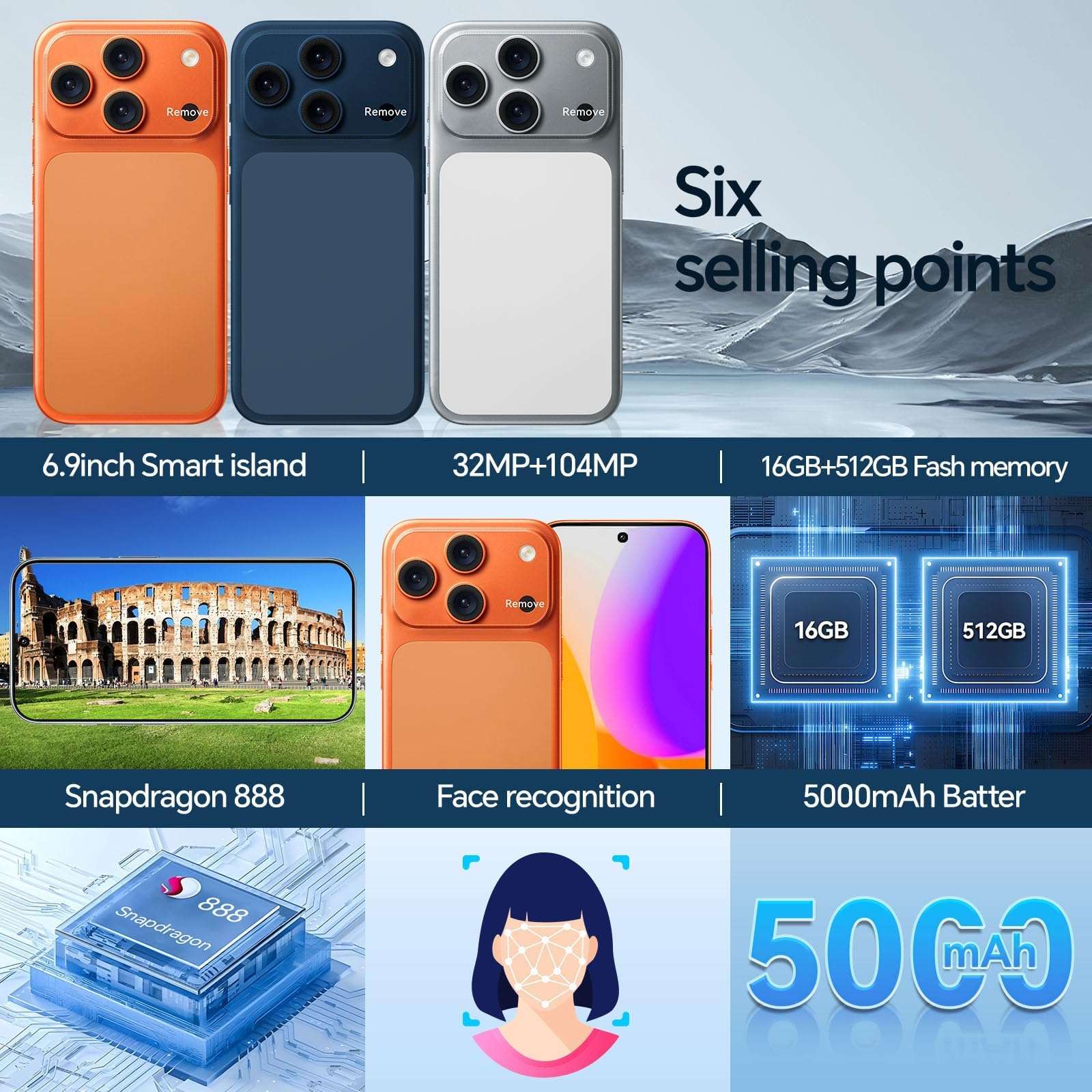 Unlocked Phones F17 PM, 5G Smartphone, 16GB RAM+512GB Storage, Android 15 Cell Phone, 6.9'' HD Display, 104MP+32MP Camera, 5000mAh Battery, Face ID/Dual SIM/WiFi/Bluetooth/GPS 3