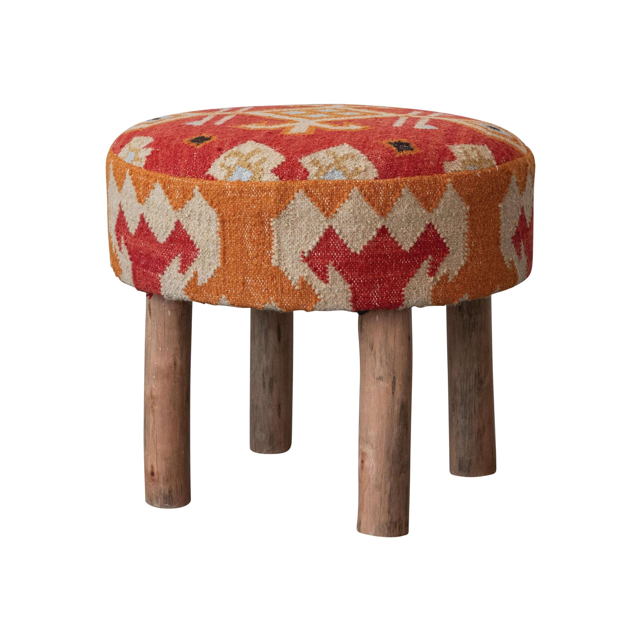 Creative Co-Op Round Cotton and Wool Kilim Stool with Wood Legs, Natural and Orange 5