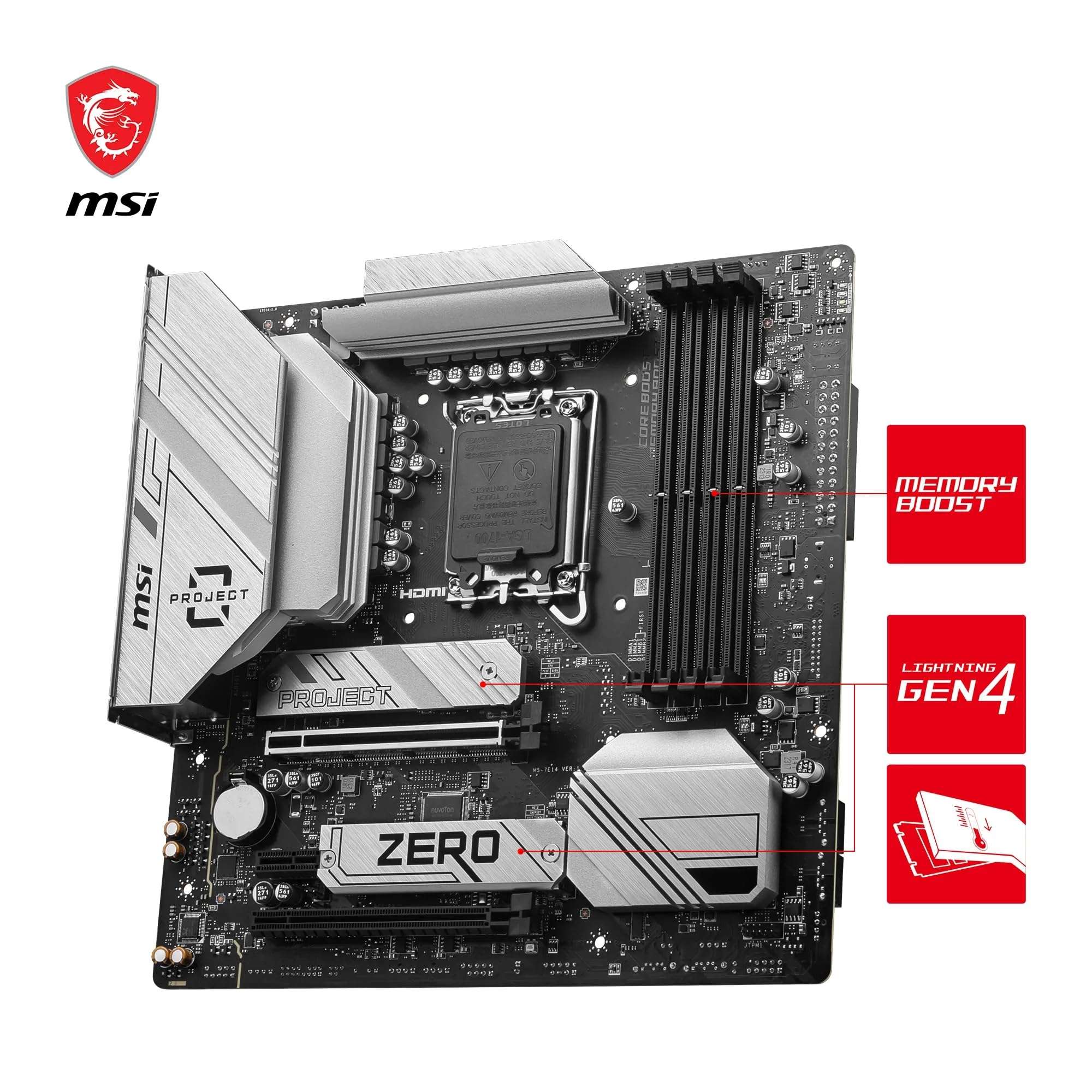 MSI B760M Project Zero, Back-Connect Micro-ATX - Supports 14th/13th/12th Gen Intel Core Processors, LGA 1700-75A DrMOS VRM, DDR5 Memory Boost 7800+MHz/OC, PCIe 5.0 x16, 2 x M.2 Gen4, Intel Wi-Fi 6E 5