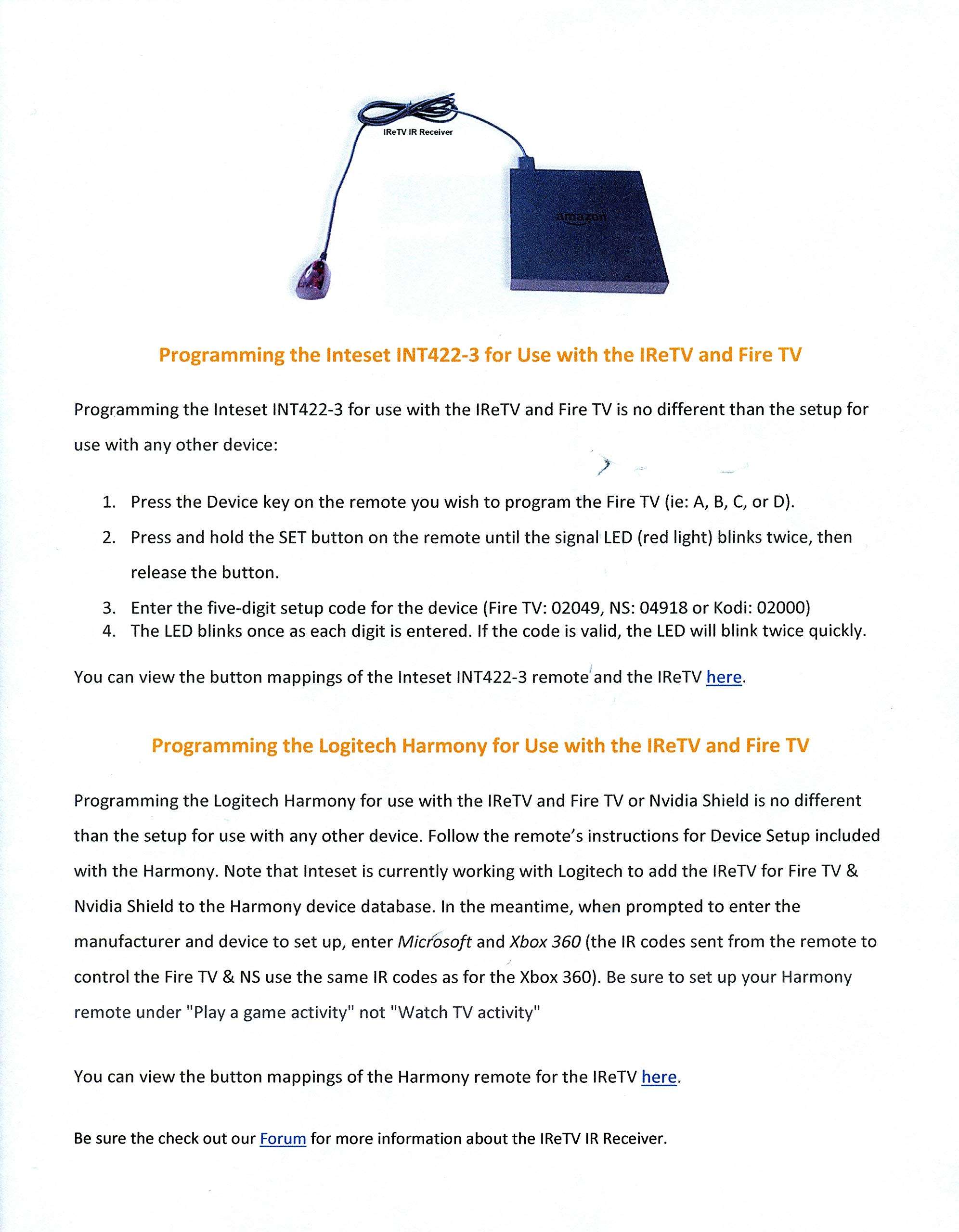 Inteset IReTV USB IR Receiver for use with Nvidia Shield (2nd Gen & 2019 Pro), F-TV, Kodi, PCs, Raspberry Pi & Other Streamers with The INT422 & Harmony Remotes (Remote not Included) 3