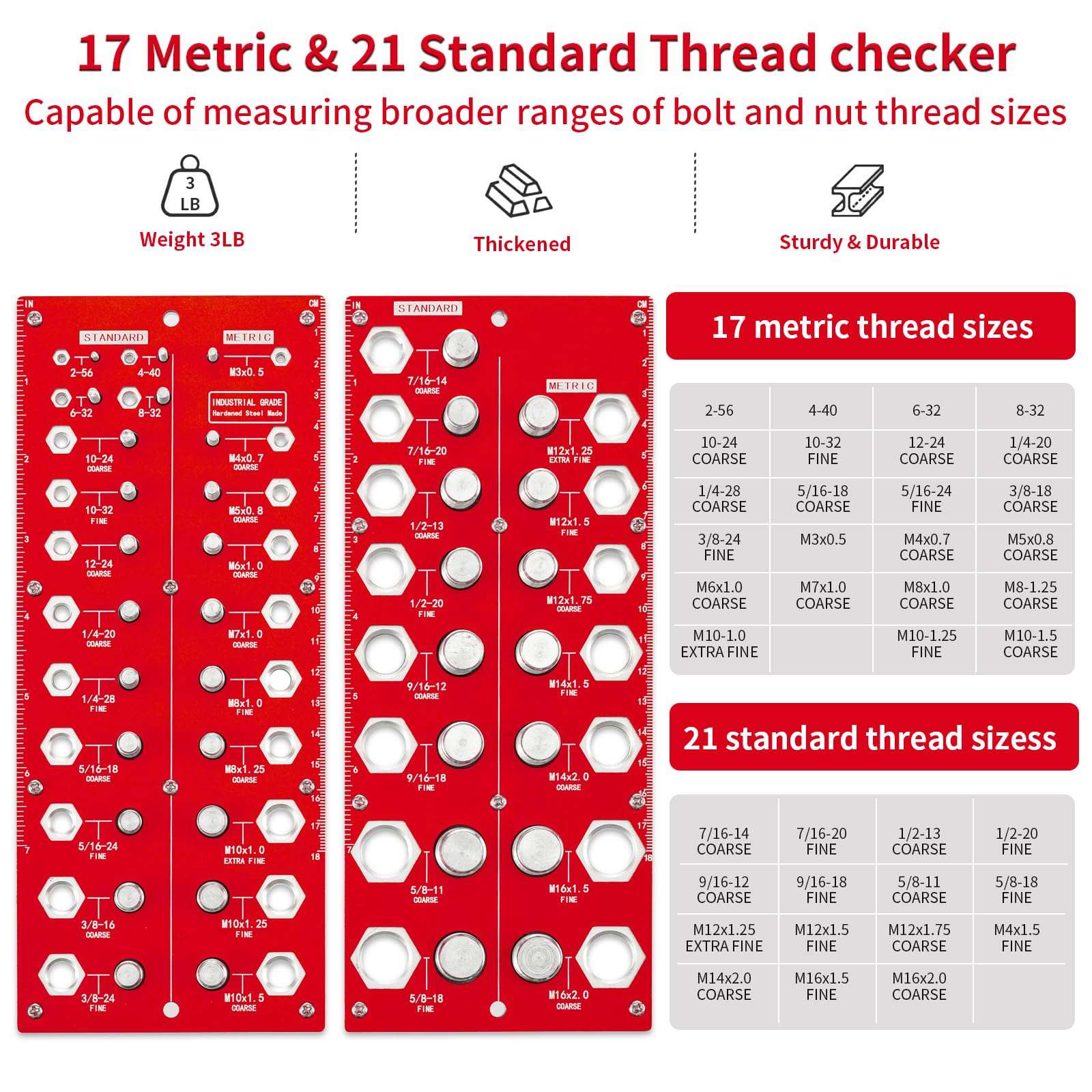 Thread Checker, 2-in-1 Nut and Bolt Thread Checker, 38 Bolt Size and Thread Gauge, 17 Metric & 21 Standard Sizes Bolt and Nut Identifier Gauge, Thread Checker with Inch and Centimeter Ruler (Red) 4