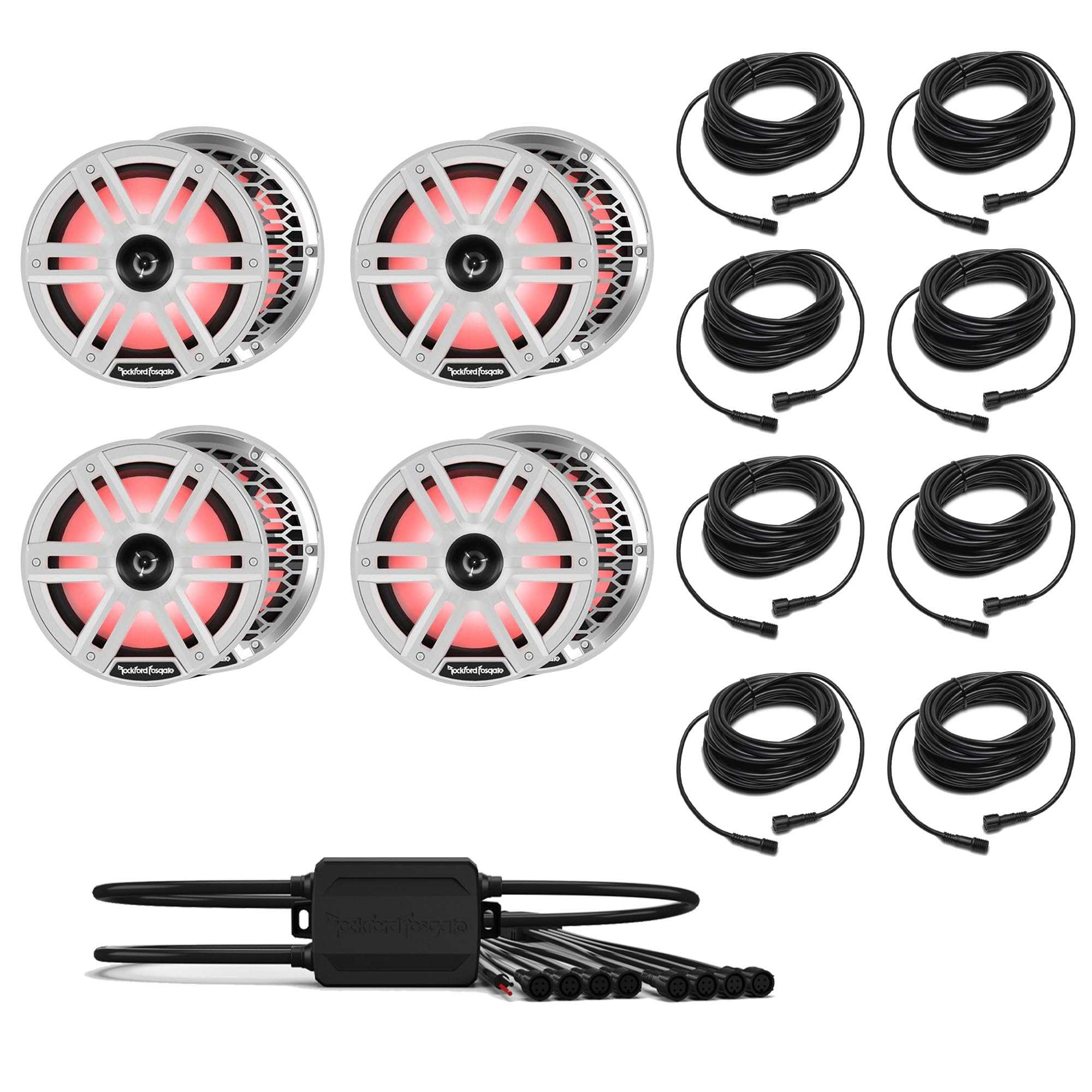 Rockford Fosgate 4 Pair M2-8H M2 Series 8" Horn Marine White & Stainless Grilles Included + (1) PMX-RGB Optix Light Controller + (8) RGB-25 25' Extension Cable 1