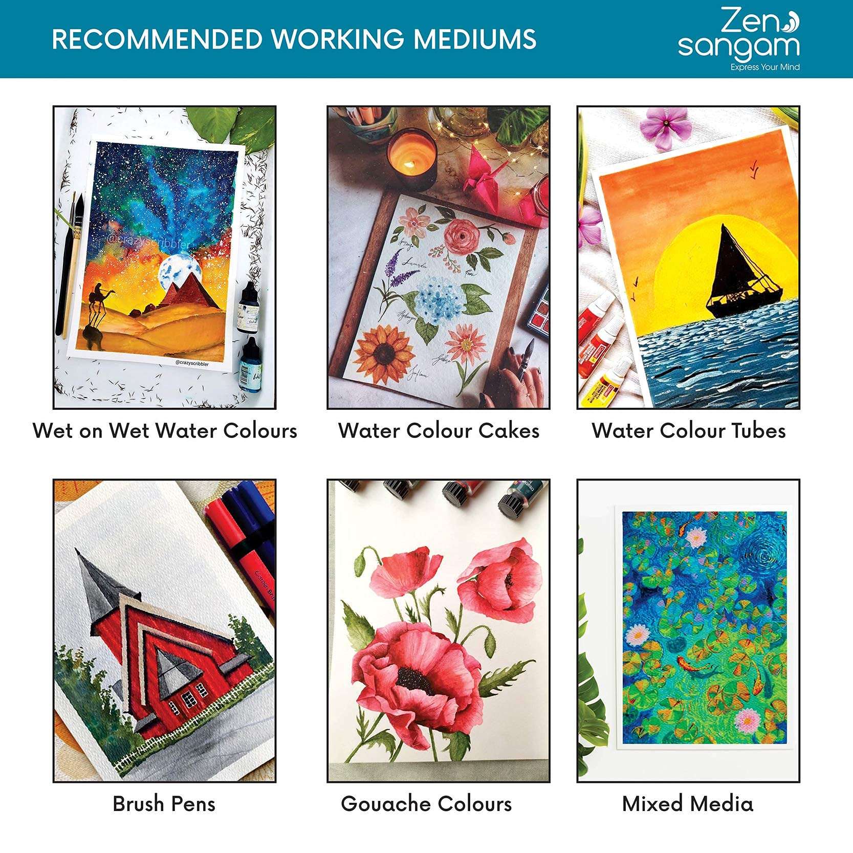 Zen Sangam Express your Mind 300 GSM 60% Cotton Cold Pressed Cloud Rough Grain Surface A4 Watercolor Papers For Wet on Wet Watercolour, Gouache, Acrylics, Ink and Mixed Media (10 Sheets, 29.7x21cm) 4