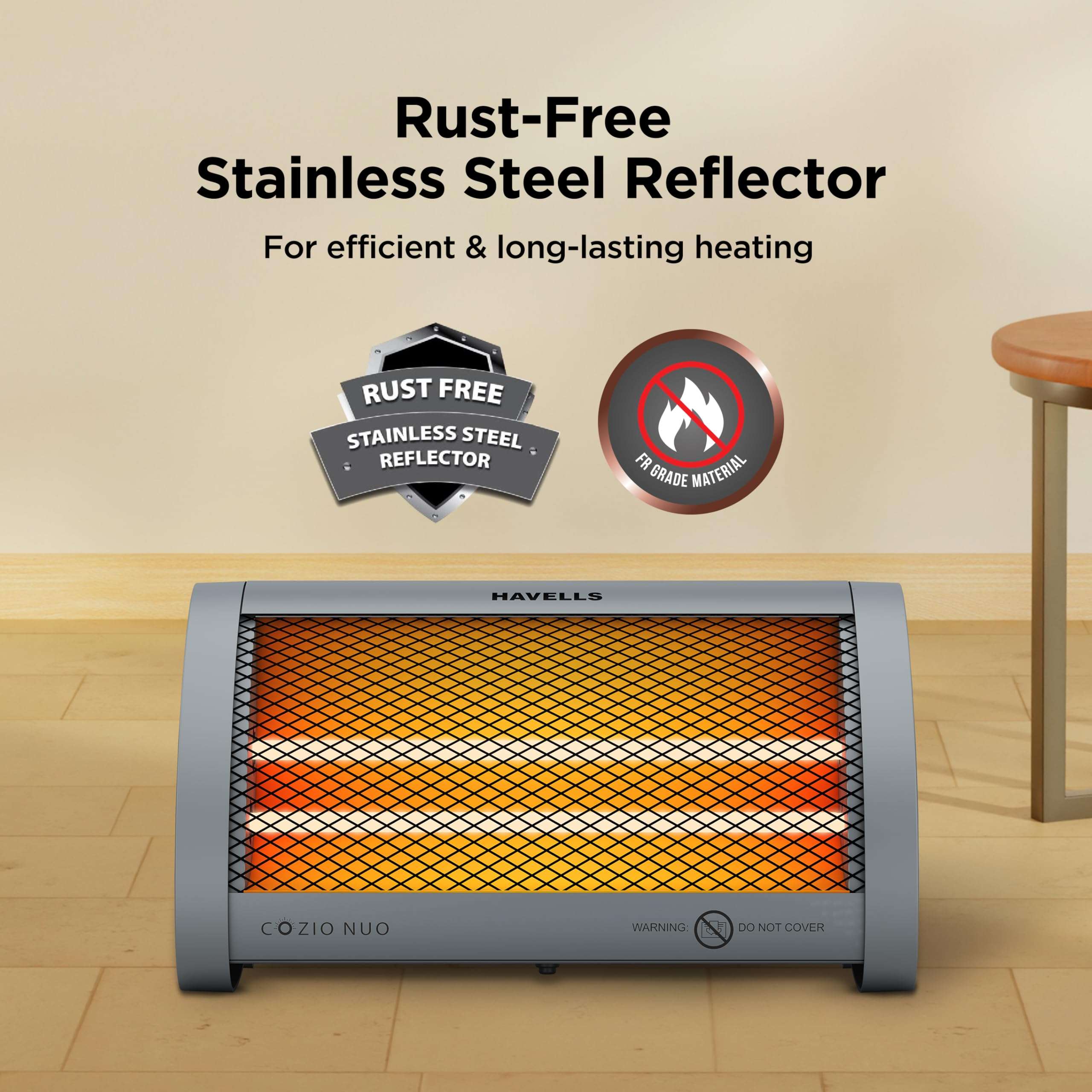 Havells Cozio Nuo Room Heater| Dual Heat Setting 400/800 Watt| Dual Quartz Heating Rods| Silent Operation| Tip Over Protection| Fire Retardant Material| Anti Rust Reflector| 2 Year Warranty(Grey) 5