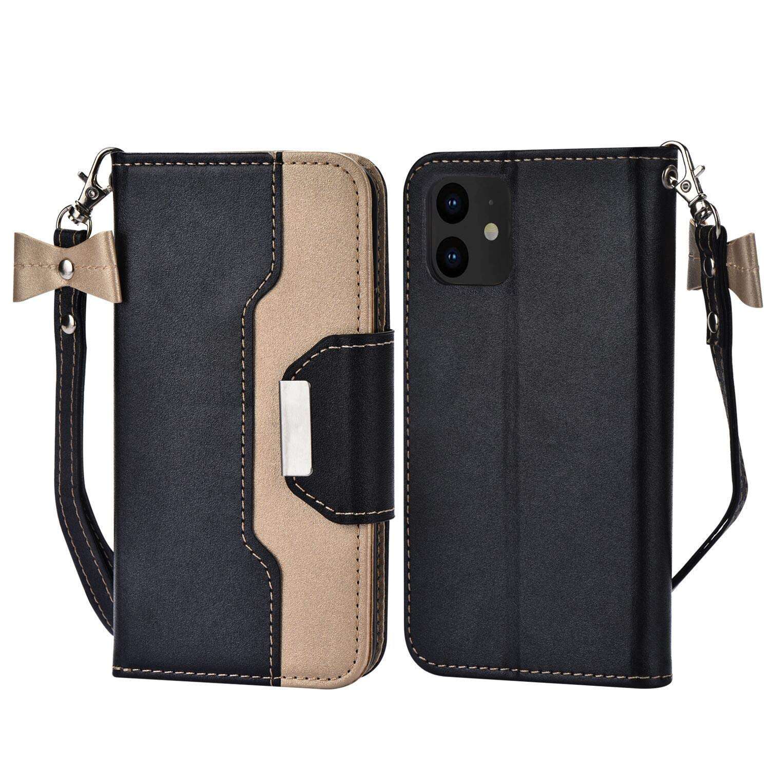 WORLDMOM for iPhone 11 Case,for iPhone 11 Wallet Case with Mirror Stand Credit Card,Double Color Style Faux Leather Slot Flip Cover Case Compatible with iPhone 11 6.1 Inch, Black 5