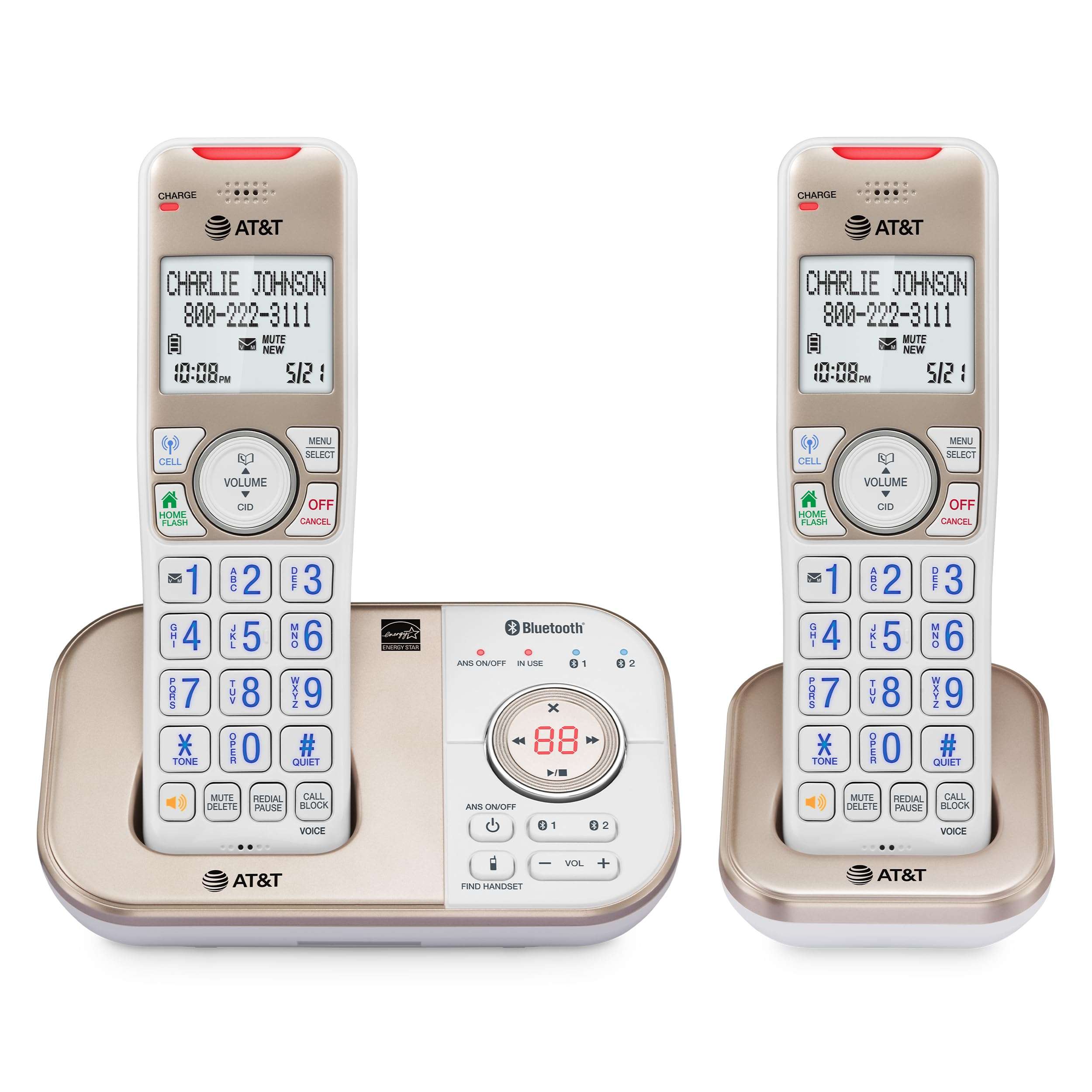 AT&T 2-Handset DECT 6.0 Bluetooth Expandable Cordless Phone for Home with Answering Machine, Smart Call Blocking, Caller ID, Intercom and Bluetooth Connect to Cell: BL3112-2 (Champagne Gold/White) 1