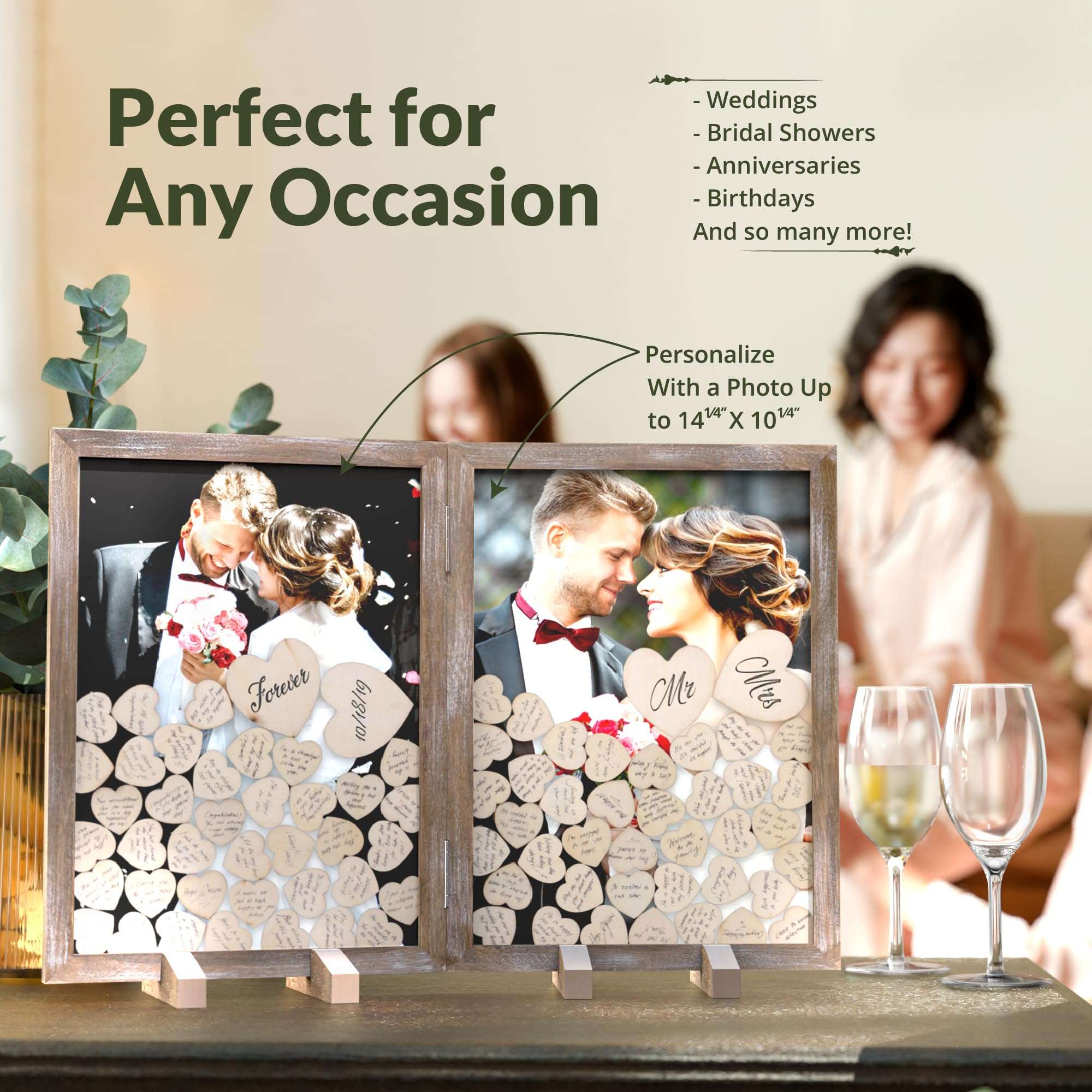 GLM Wedding Guest Book Alternative Drop Top Frame with Display Stand, 160 Wooden Hearts, 4 Large Hearts, and Sign Alternative Guest Book Set Shadow Box for Wedding, Baby Shower, Anniversary (Brown) 6