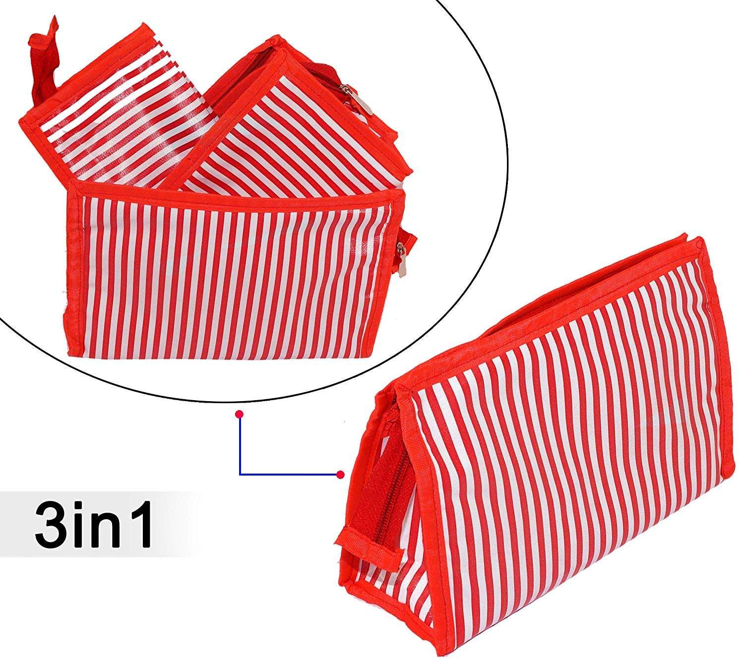 VIHAAN™ Multipurpose Makeup Cosmetic Shaving Toiletry Travel Kit Pouch Bag for Men and Women (red Stripes-Pack of 3) 6