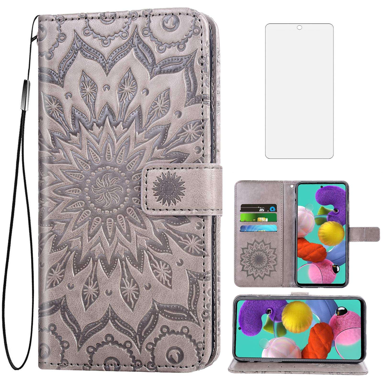 Phone Case for Samsung Galaxy A71 4G Wallet Cases with Tempered Glass Screen Protector and Leather Slim Flip Cover Card Holder Stand Cell Accessories Glaxay A 71 Gaxaly 71A S71 A715F Women Men Gray 1