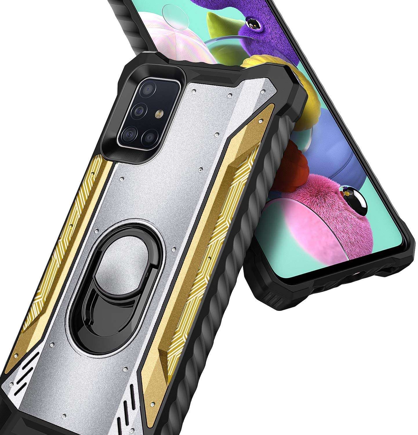 E-Began Case for Samsung Galaxy A71 5G Case with Tempered Glass Screen Protector [Not Fit A71 5G UW Verizon], Magnetic Metal Built-in Ring Holder Stand, Full-Body Protective Military Case -Silver/Gold 5