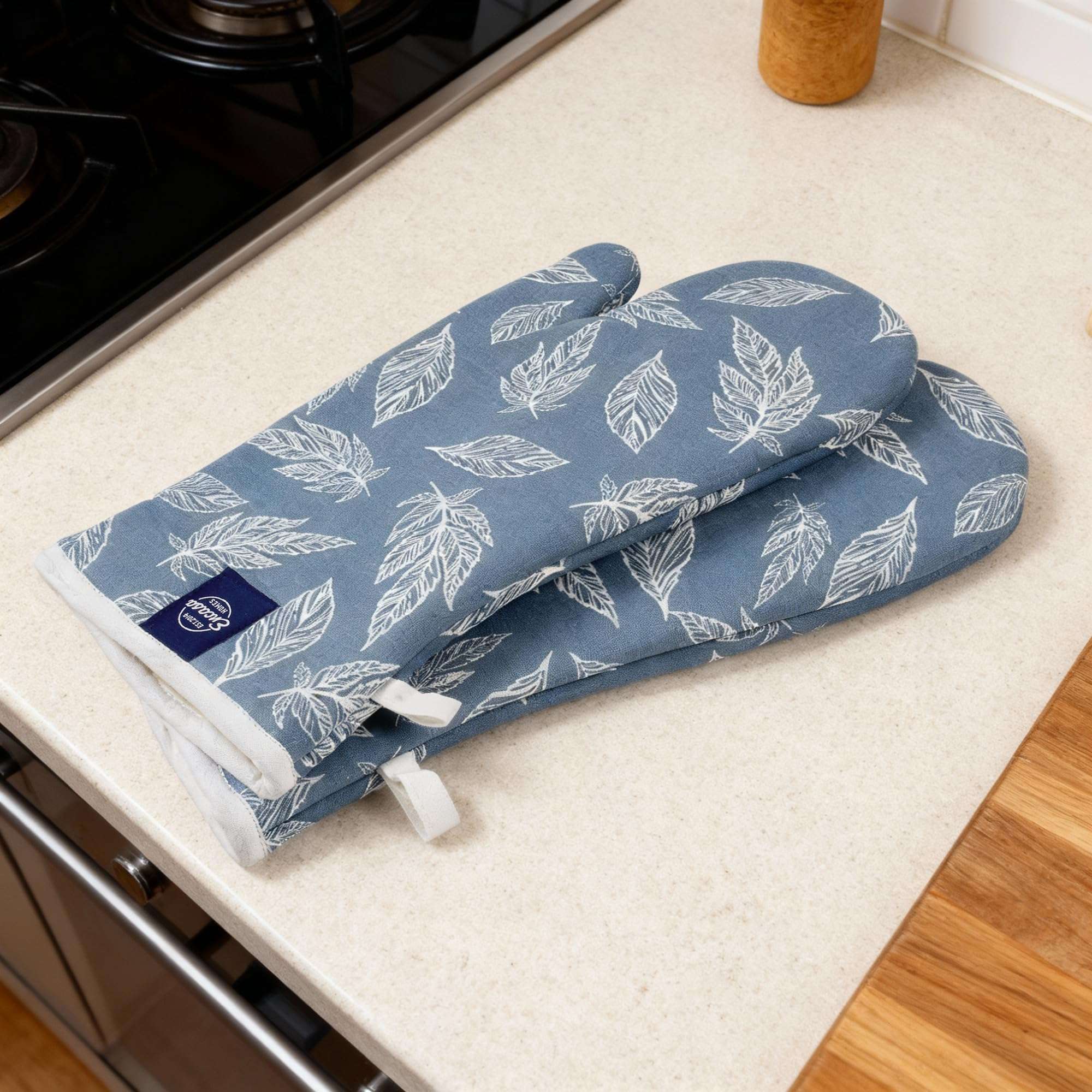 Encasa XO Extra Long 18x35 cm Microwave Oven Gloves Mitts (2 pcs) for Kitchen Cooking - Big Leaf Blue - Heat Resistant, Thick & Safe, Protection of Hands from Hot Utensils, Gas Flame, Grill, Barbecue 1