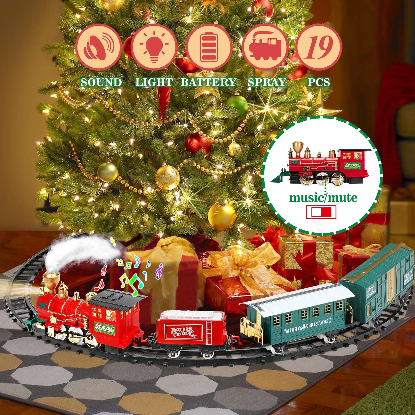 OleFun Train Set - Christmas - Train Toys for Boys Girls & Sound, Railway Kits, Toy Train w/Steam Locomotive Engine, Cargo Cars & Tracks, for 3 4 5 6 7 8+ Year Old Kids 6
