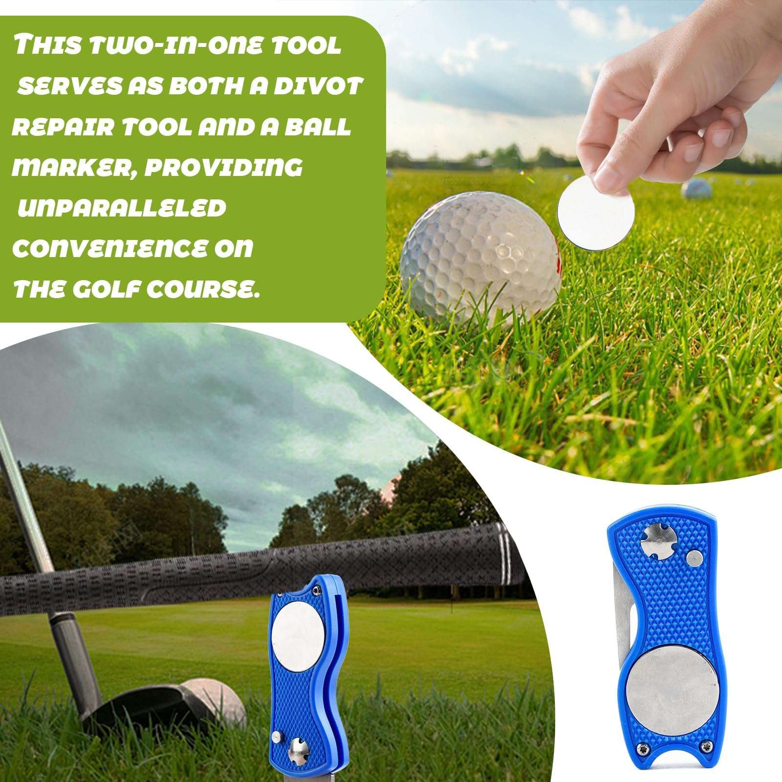 2 Pack Foldable Golf Divot Repair Tool Golf Divot Tool with Magnetic Button Ball Marker Divot Tool and Ball Marker for Golfers (2, White+Blue) 6