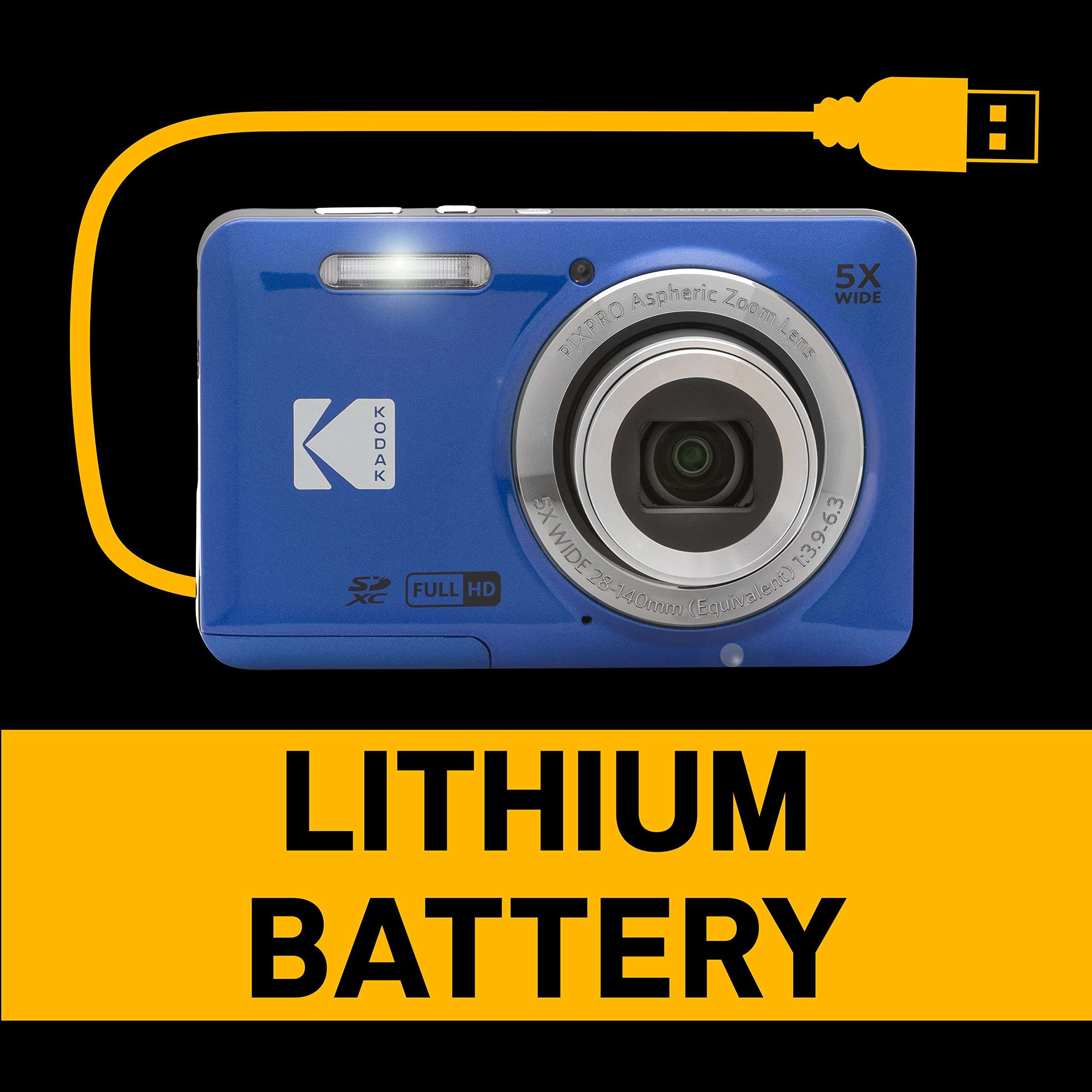 KODAK PIXPRO FZ55-BL 16MP Digital Camera 5X Optical Zoom 28mm Wide Angle 1080P Full HD Video Li-Ion Battery 2.7" LCD Vlogging Camera (Blue) 5