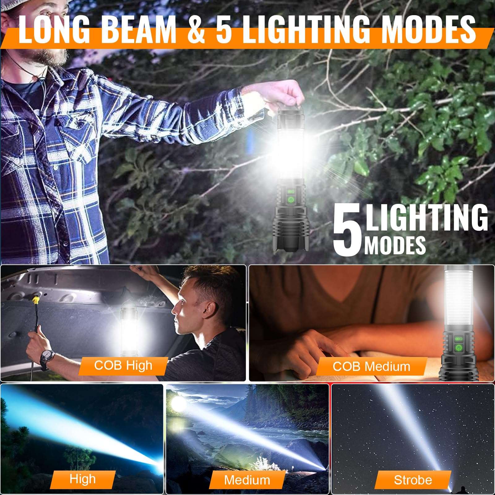 Hoxida Rechargeable Camping Lanterns Flashlight High Lumens- 2000 Meters Long Beam Super Bright LED Flashlight, Waterproof Camping Tent Lights 5 Modes, Zoomable Camp Flashlight Lantern 2pcs 5
