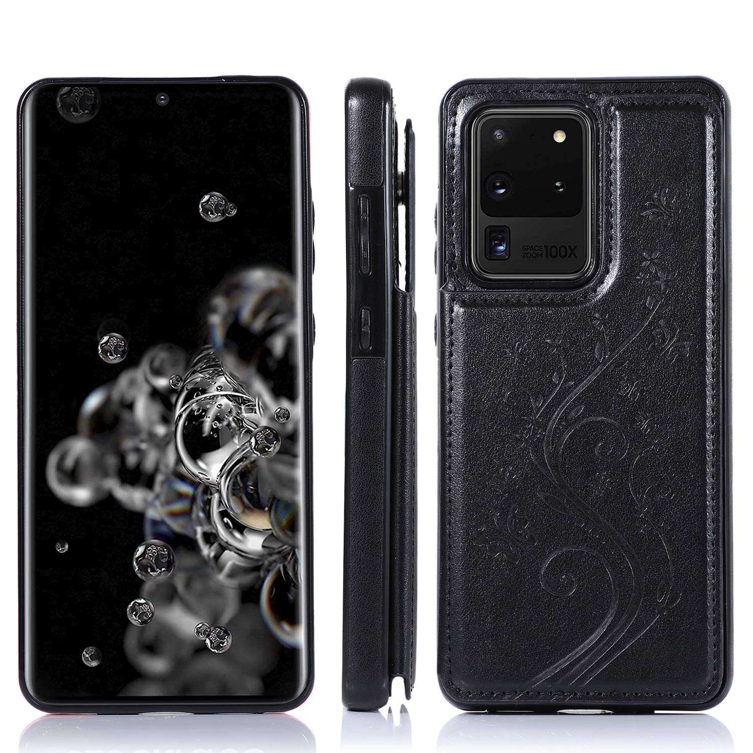 FengXinZi Compatible with Samsung Galaxy S20 Ultra/5G 2020 Wallet Case with Card Holder, Premium PU Leather Kickstand Credit Card Slots Anti-Scratch Shockproof Protective Magnetic s20ultra5g Black 5
