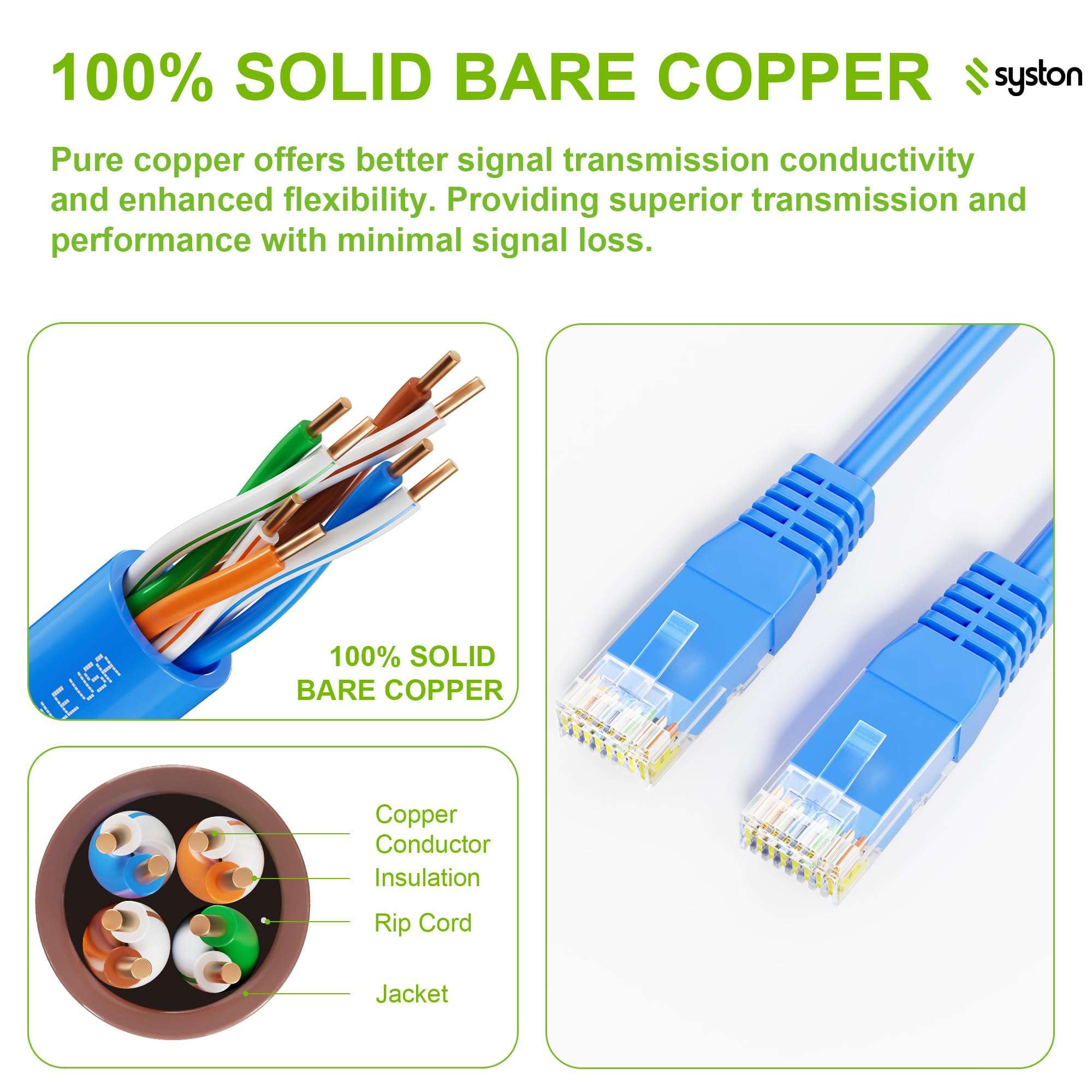 Syston Cat5e Ethernet Internet Cable Patch Cord - 100 FT Green, 350 MHz 24 AWG 4 pr UTP Solid Bare Copper Wire Indoor/Outdoor PoE PC Laptop, CMP Plenum-Rated UV Resistant RoHS Compliant UL ETL Listed 4