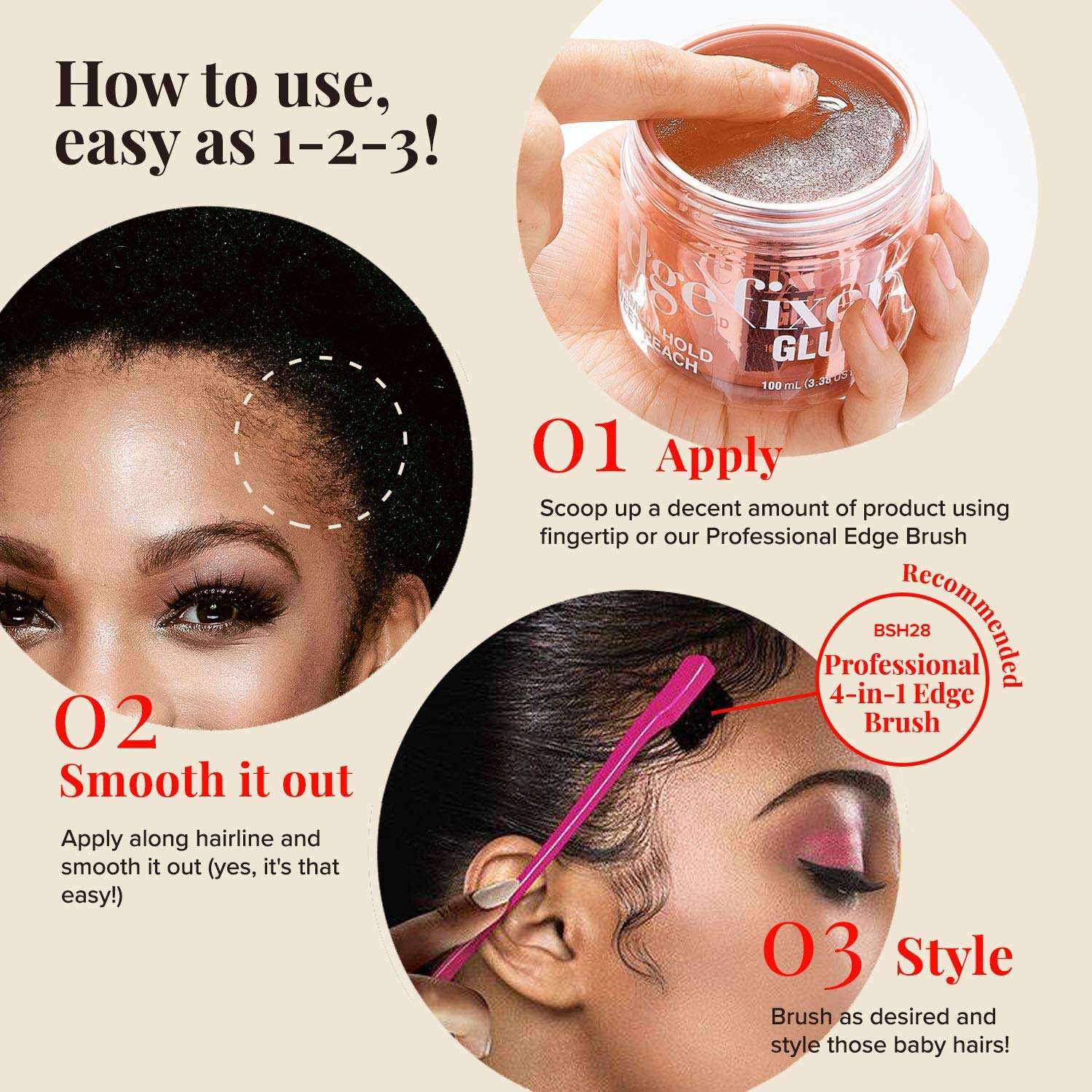 KISS COLORS & CARE Maximum Hold Edge Fixer, Non-Greasy Gel Formula Infused With Biotin B7, 24 Hour Hold, ‘Sweet Peach’ Scented, 3.38 Fl. Oz. (100 ml) 5