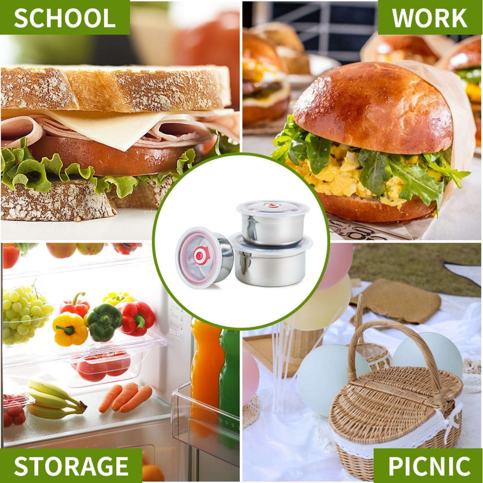 JASINCESS Stainless Steel Food Storage Containers - Set of 3 Reusable Silicone Lids and Storage Containers Suitable for lunch boxes pre-meal preparations snacks at home (Red) 6