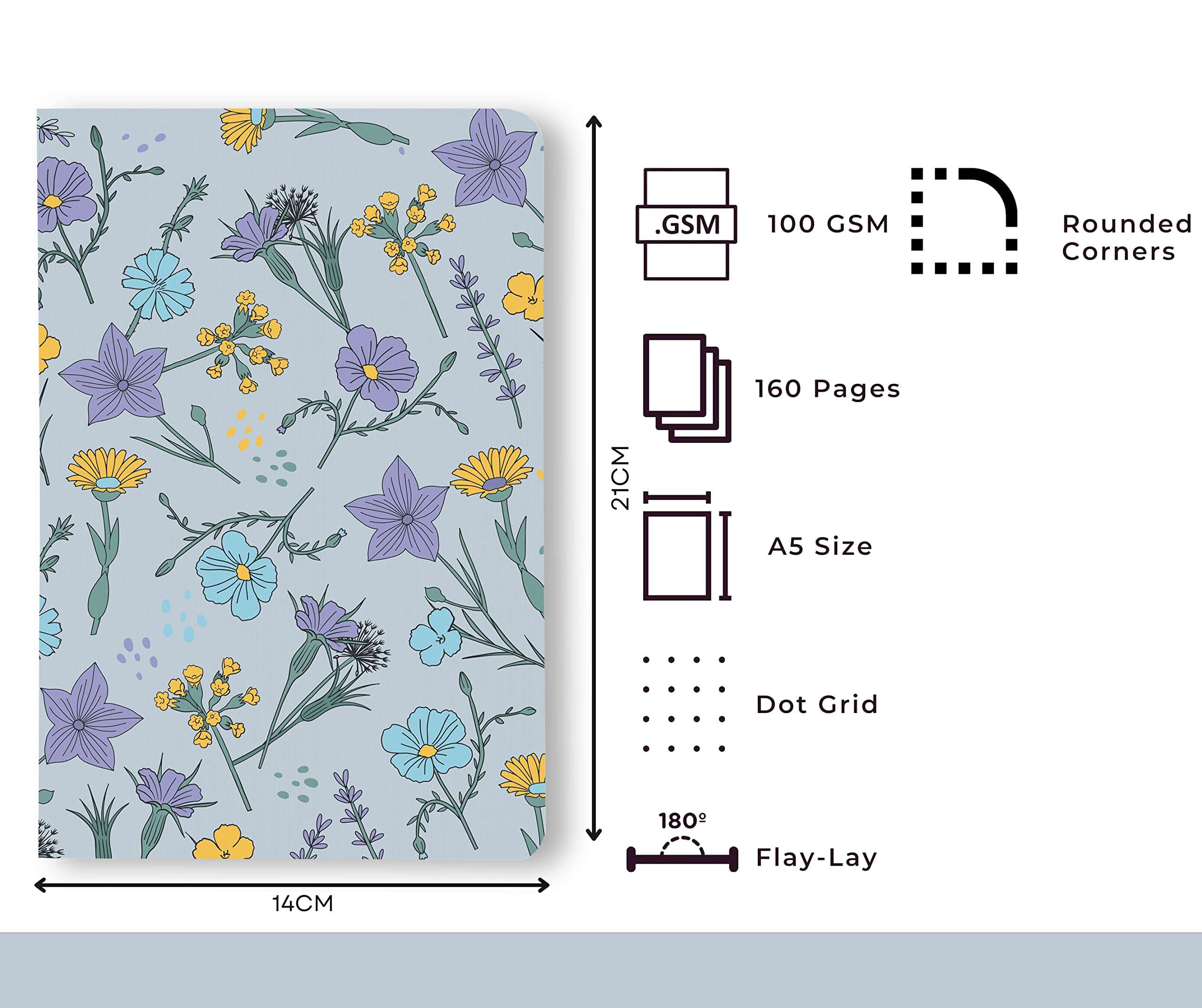 BOUND N FOUND Notebook: 100 GSM, A5, Dot Grid, 160 Pages, Journal Diary (Floral) 3
