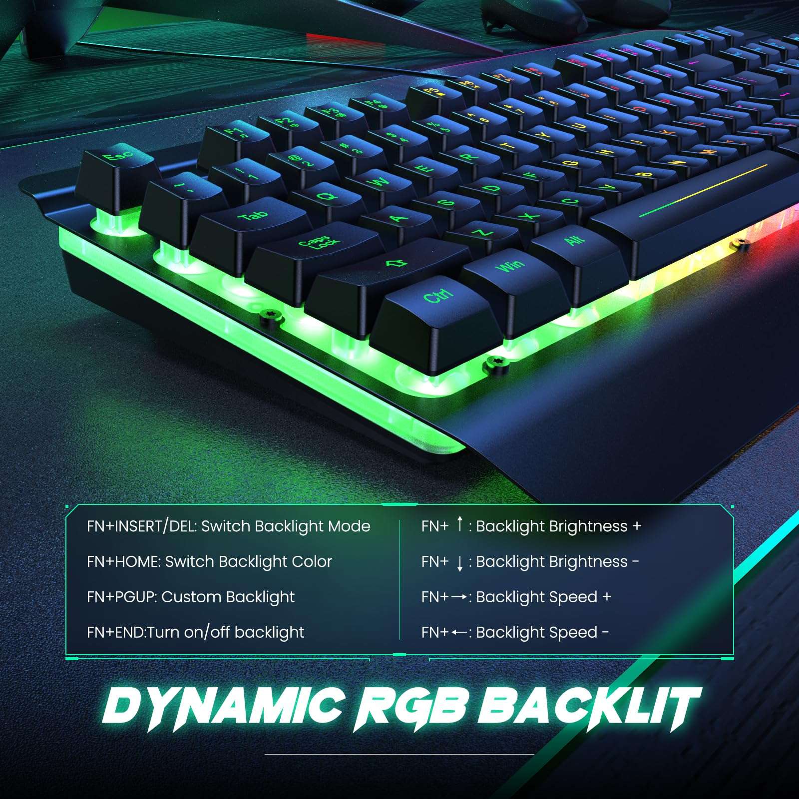 RisoPhy RGB Gaming Keyboard, 7 Single Color Backlits, 104 Keys Metal Panel Computer Keyboard,Silent Keys, Wrist Rest, Full Size Waterproof Light Up Wired Keyboard for PC Laptop Mac Gamer 4