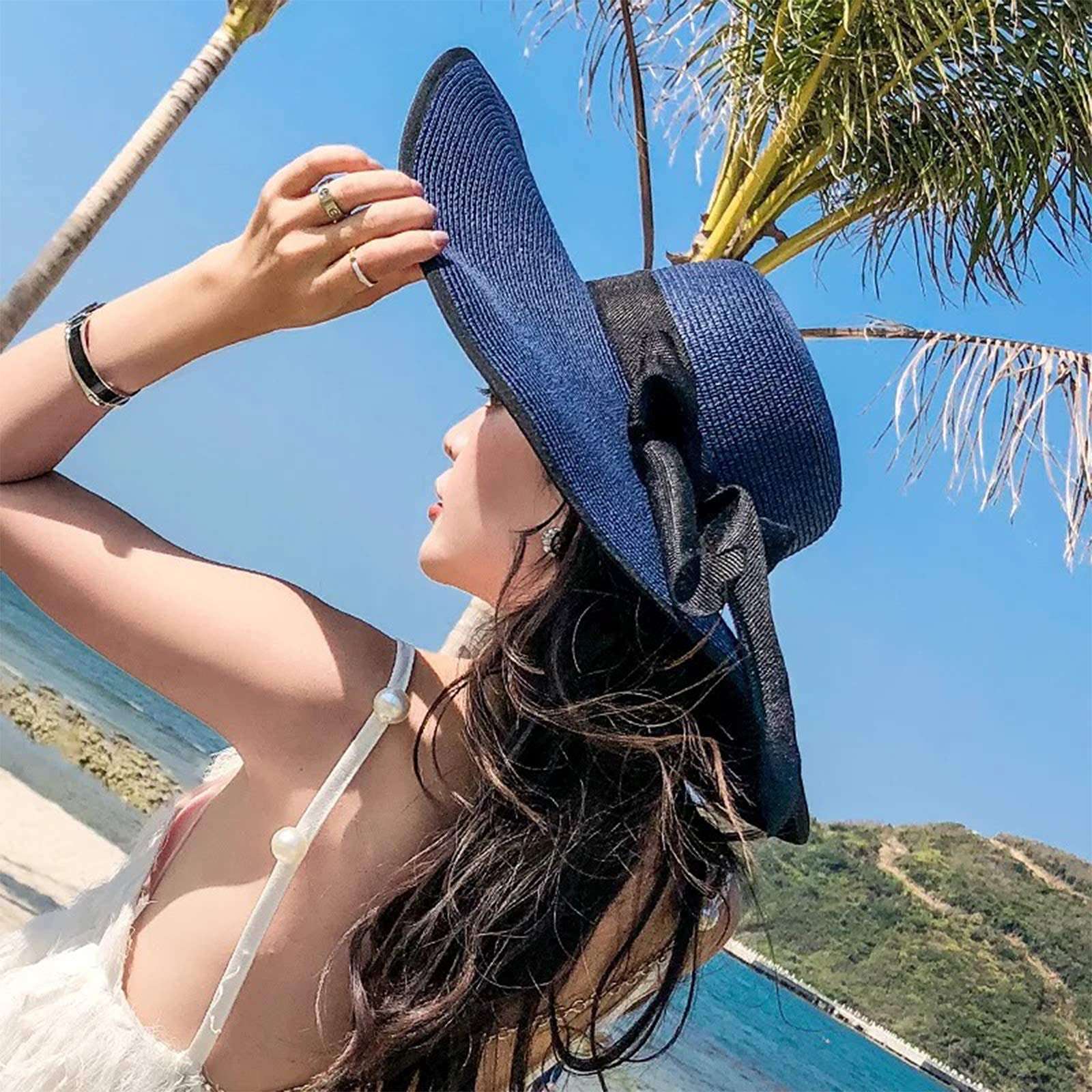 Women's Folable Floppy Hat,Wide Brim Sun Protection Straw Hat, Summer UV Protection Beach Cap(Navy Blue) 6