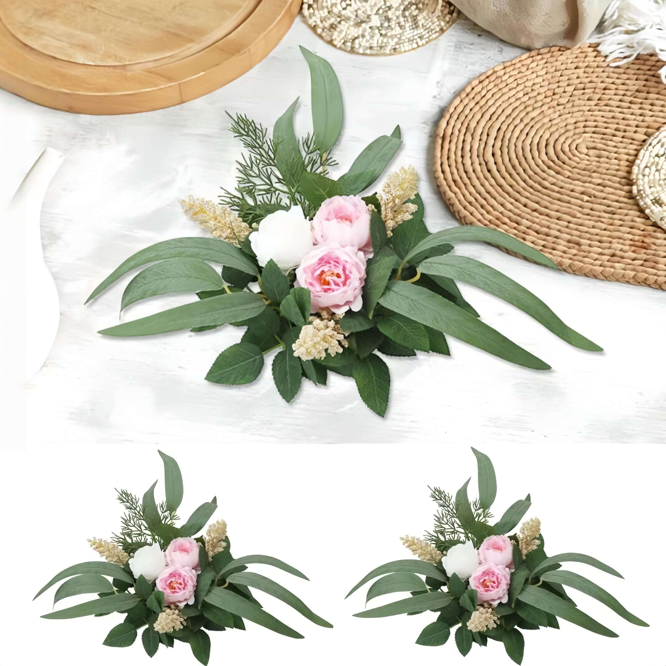 2Pack Flower Candle Rings Wreaths Summer Floral Candle Rings 3 Inch Center Mini Peony Rings Wreaths for Cabinet Pillar Wedding Farmhouse Mom Gifts 1