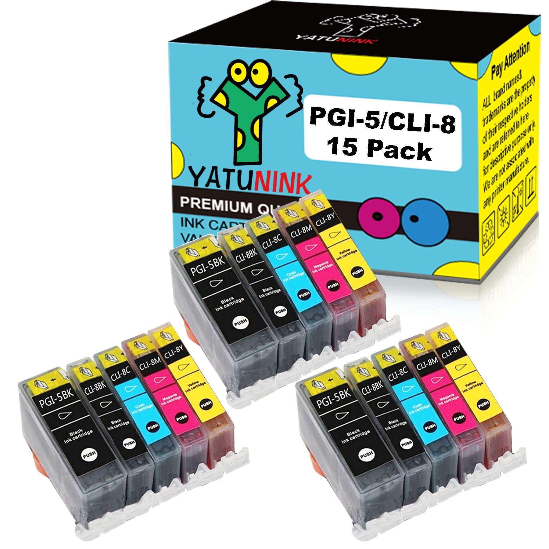 YATUNINK Compatible Ink Cartridge Replacement for Canon PGI-5BK CLI-8BK CLI-8C CLI-8M CLI-8Y Compatible Inkjet Cartridge with Chip for Pixma MP500 MP530 MP600 MP800 (15 Pack) 1