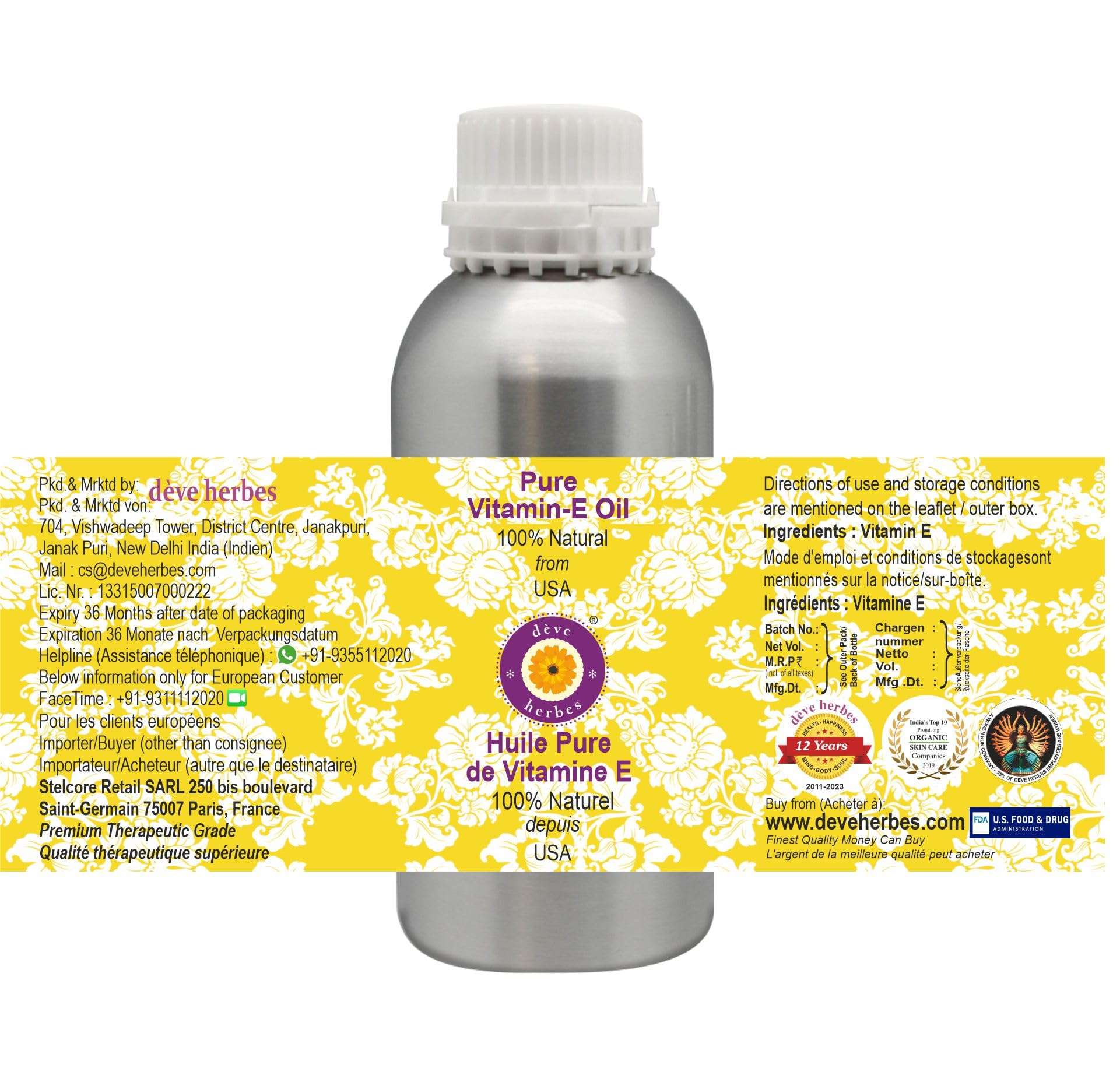 dève herbes Pure Vitamin E Oil Natural Therapeutic Grade 300ml (10.1 oz) 2