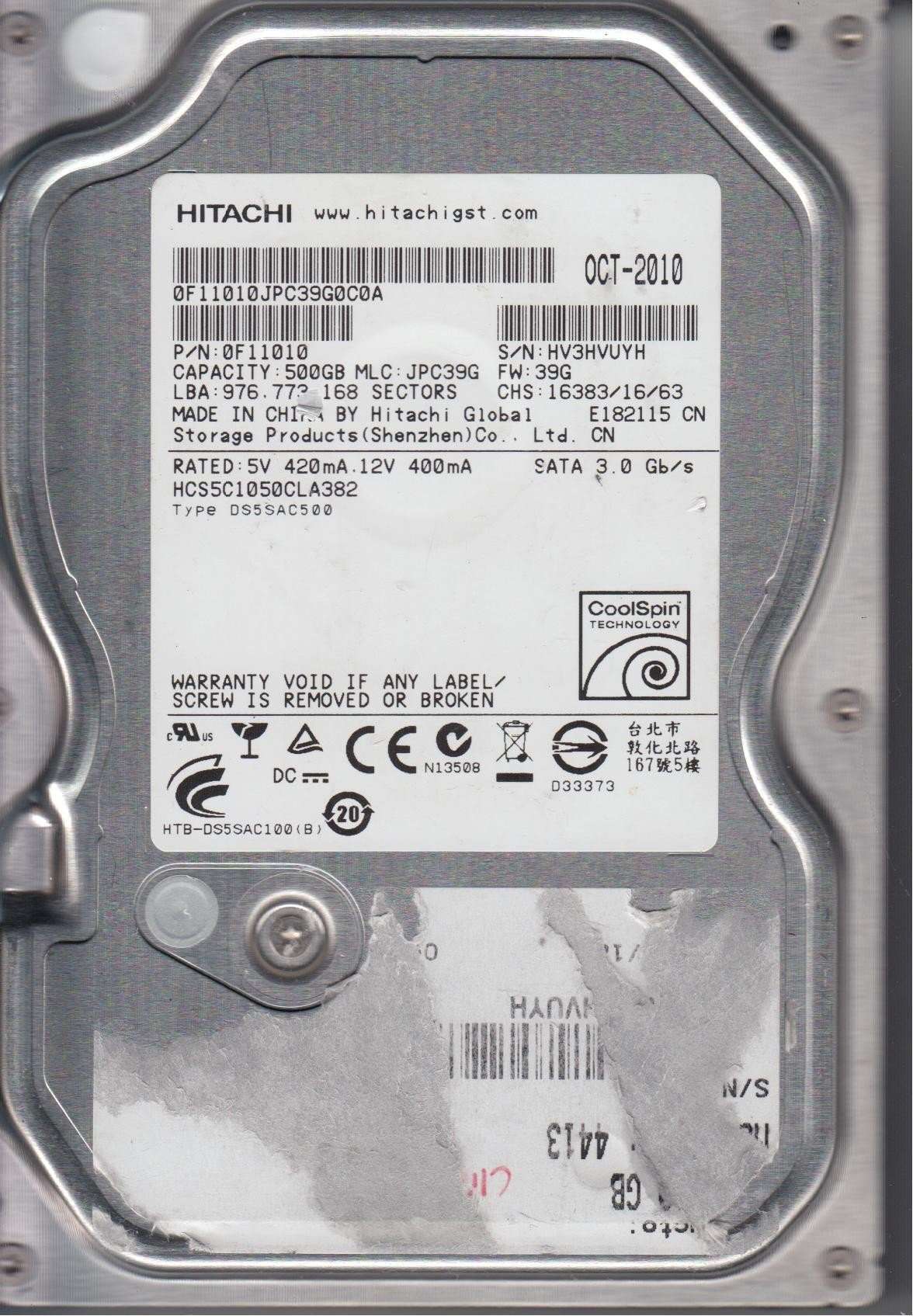 HCS5C1050CLA382, PN 0F11010, MLC JPC39G, Hitachi 500GB SATA 3.5 Hard Drive 1