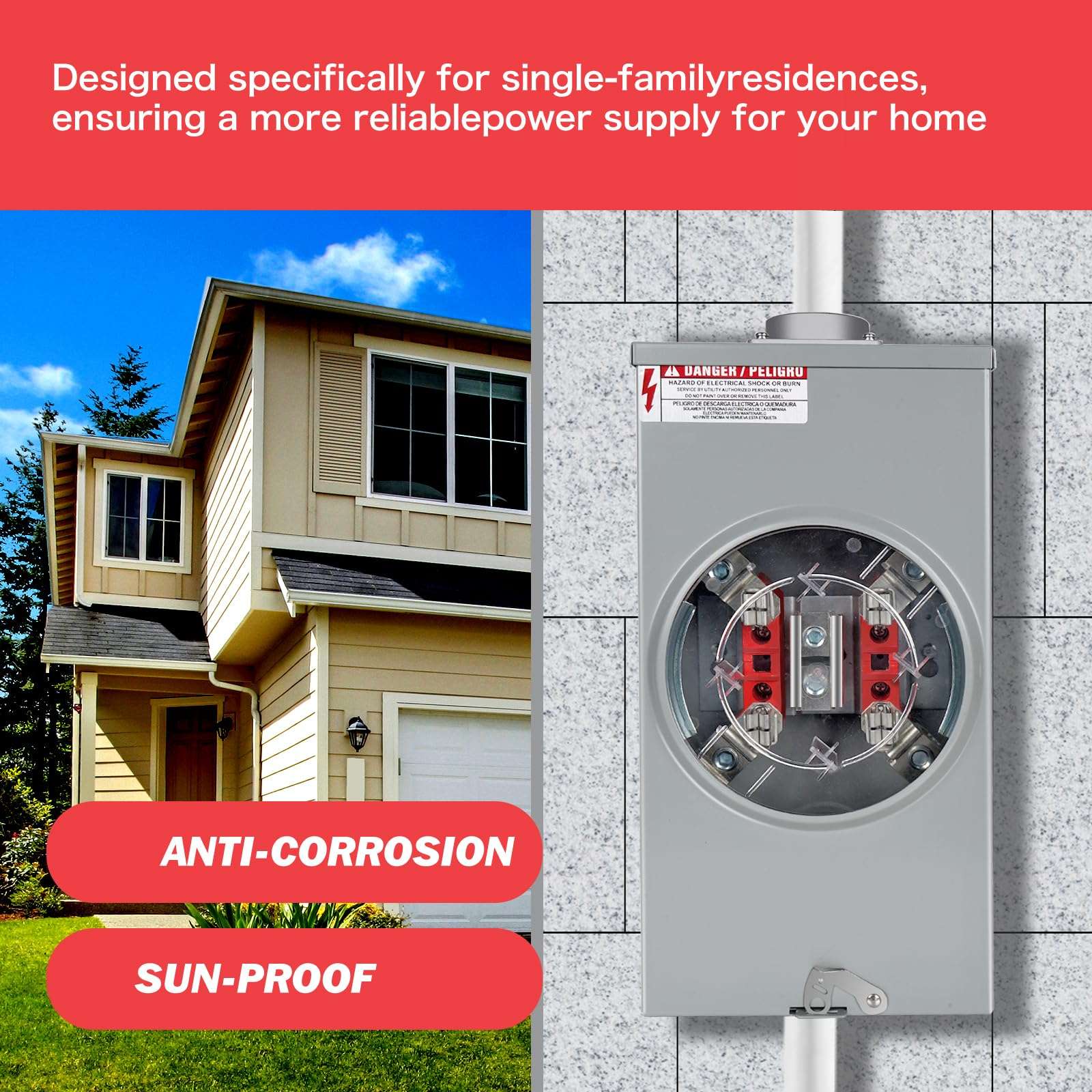 200 Amp Meter Socket, 1 Phase 4 Jaw, 600V 3 Wire Ringless Type, with Horn Bypass Meter Cover Plate, Suitable for Overhead/Underground Feed 6