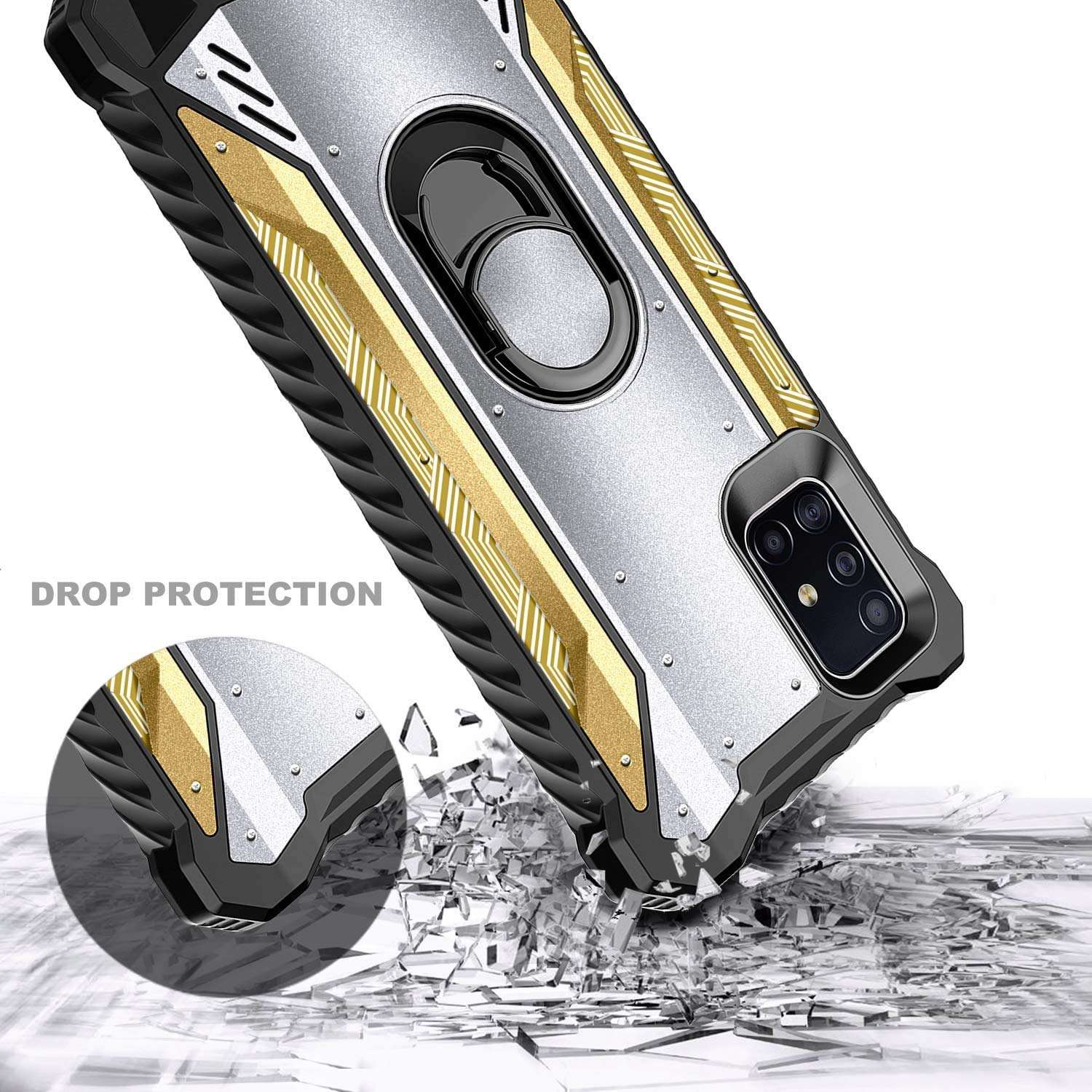 E-Began Case for Samsung Galaxy A71 5G Case with Tempered Glass Screen Protector [Not Fit A71 5G UW Verizon], Magnetic Metal Built-in Ring Holder Stand, Full-Body Protective Military Case -Silver/Gold 6