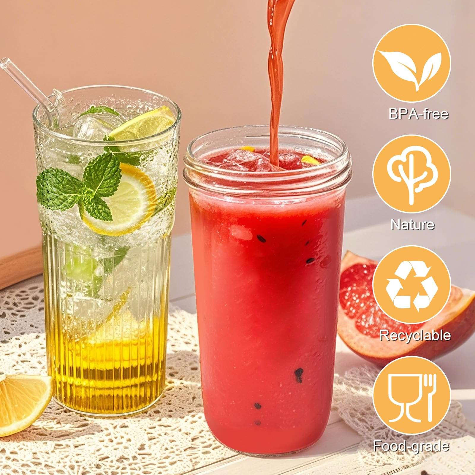 VVXAMI 2 Pcs Glasses Drinking Set - 25oz Glass Cups With Lids And Straws,Glass With Lids,Glasses Drinking Set,Smoothie With Lids And Straws,Iced Coffee Cup,Boba Cups,Gift 4