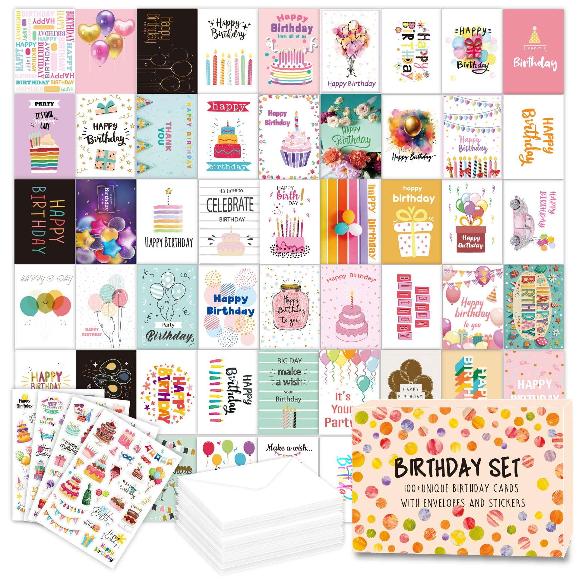 Gift Cards Birthday Unique Birthday Cards with Envelops and Stickers, Assorted Happy Birthday Card, Funny Birthday Cards Bulk for Women and Men (50 Different Birthday Cards Envelops and 110 Stickers) 1