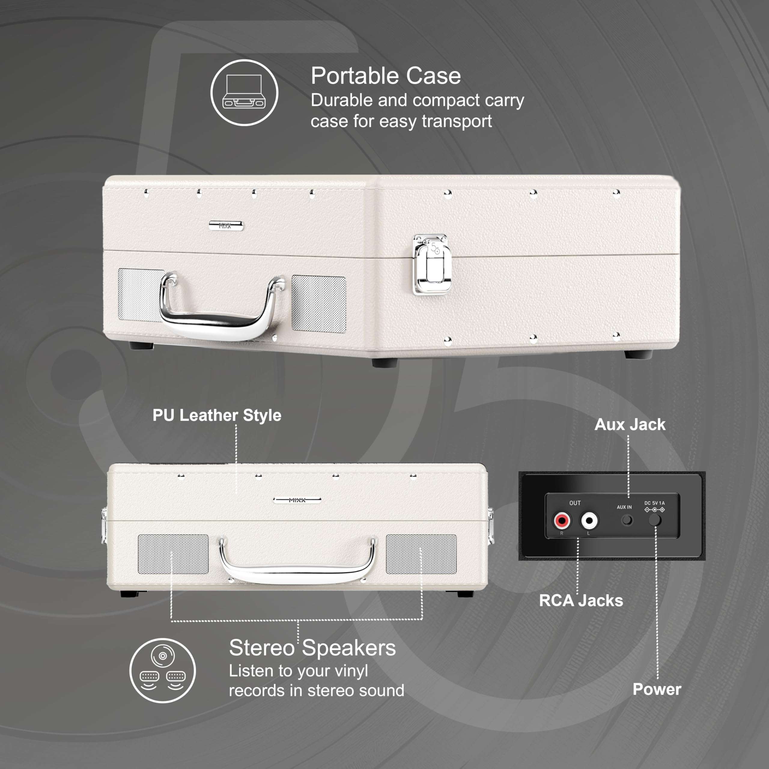 Mixx Revival 55 Portable Suitcase Vinyl Record Player with Built-in Stereo Speakers, Bluetooth Input & Output, 33 1/3 & 45 RPM Speeds with Adapter, Retro Style, AC Adapter 5