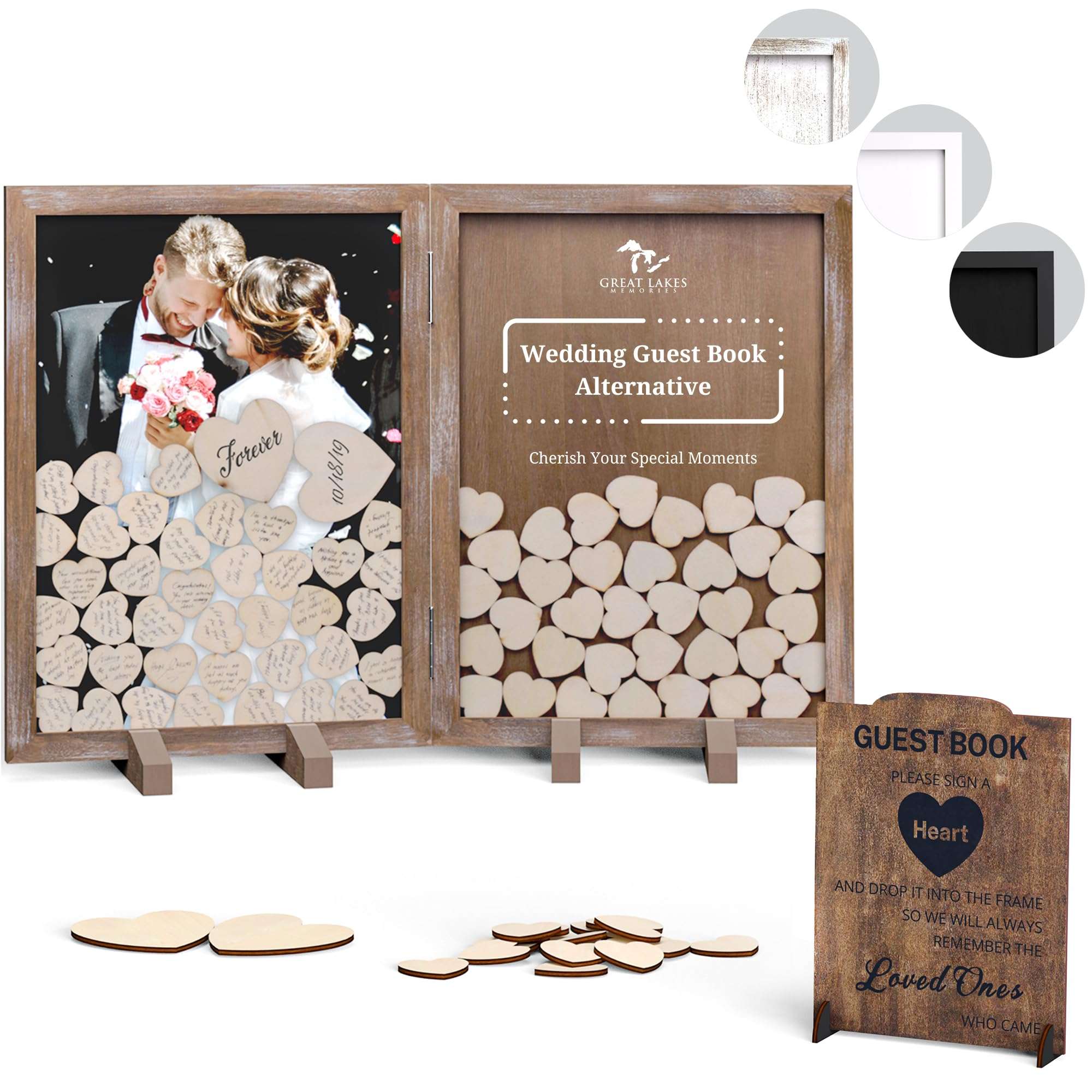 GLM Wedding Guest Book Alternative Drop Top Frame with Display Stand, 160 Wooden Hearts, 4 Large Hearts, and Sign Alternative Guest Book Set Shadow Box for Wedding, Baby Shower, Anniversary (Brown) 1