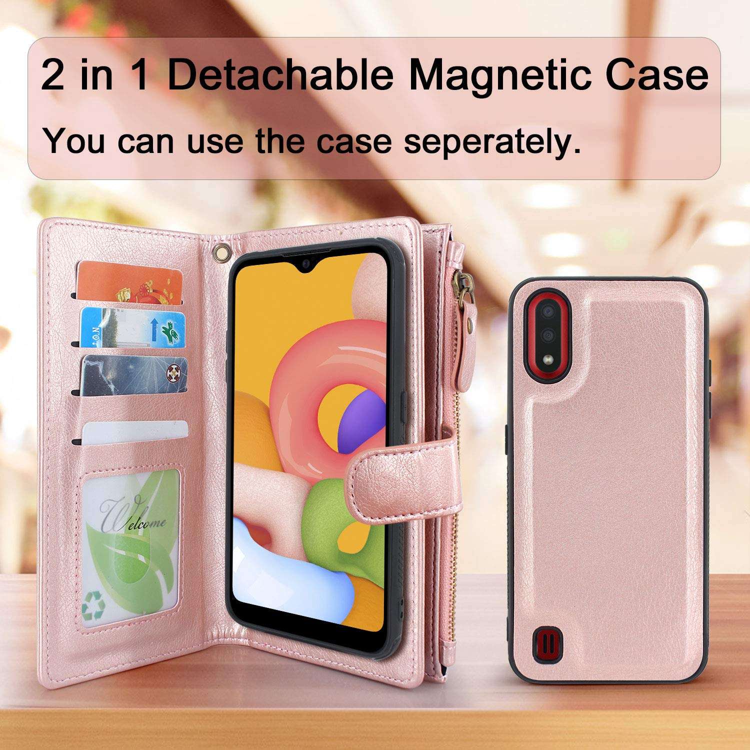 Harryshell Galaxy A01 Case, Detachable Magnetic Zipper Wallet Leather Case Cash Pocket with 12 Card Slots Holder Wrist Strap for Samsung Galaxy A01 (Rose Gold) 3