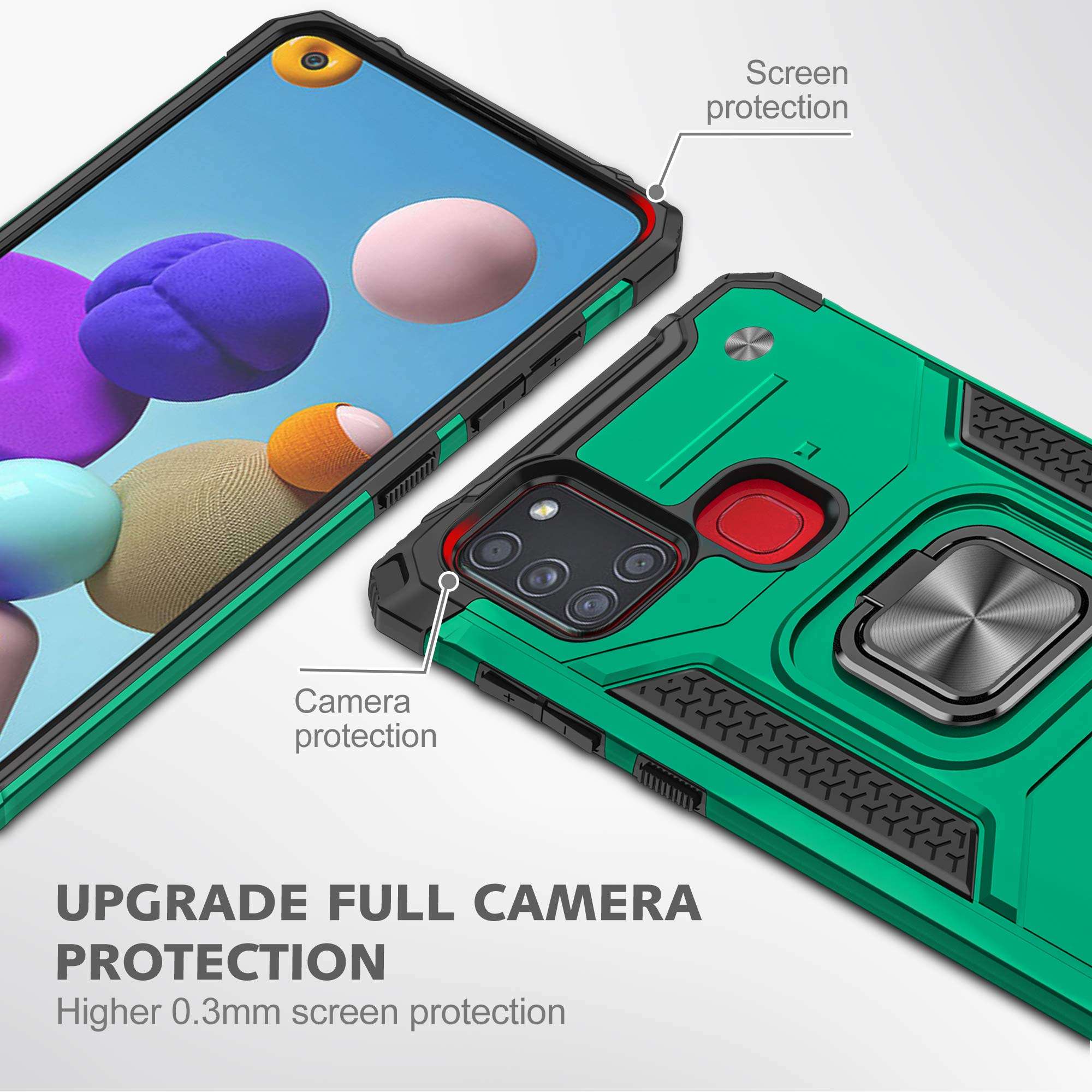 YmhxcY Galaxy A21S Case, Samsung A21S Case with Tempered Glass Screen Protector [2 Pack], Armor Grade Case with Rotating Holder Kickstand Non-Slip Hybrid Rugged Case for Galaxy A21S-KJ Dark Green 3